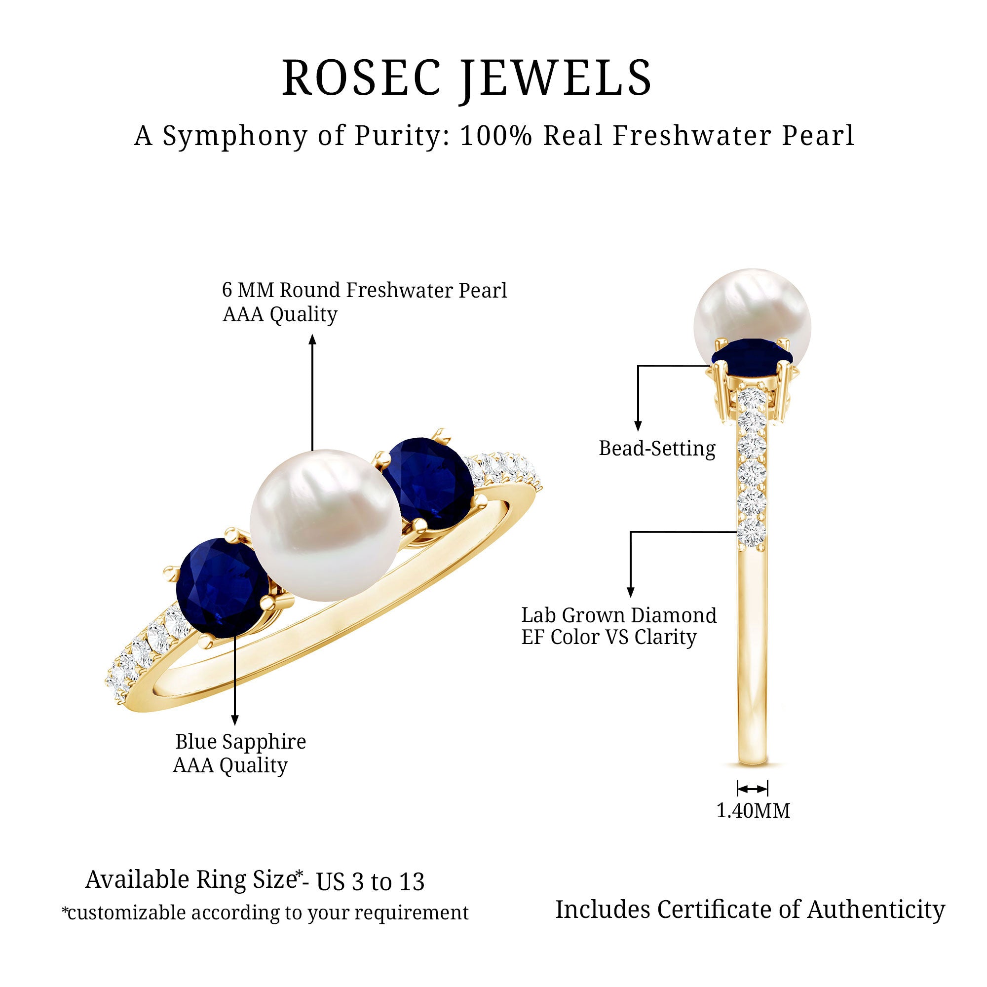 Rosec Jewels-Natural Freshwater Pearl and Blue Sapphire 3 Stone Engagement Ring with Diamond