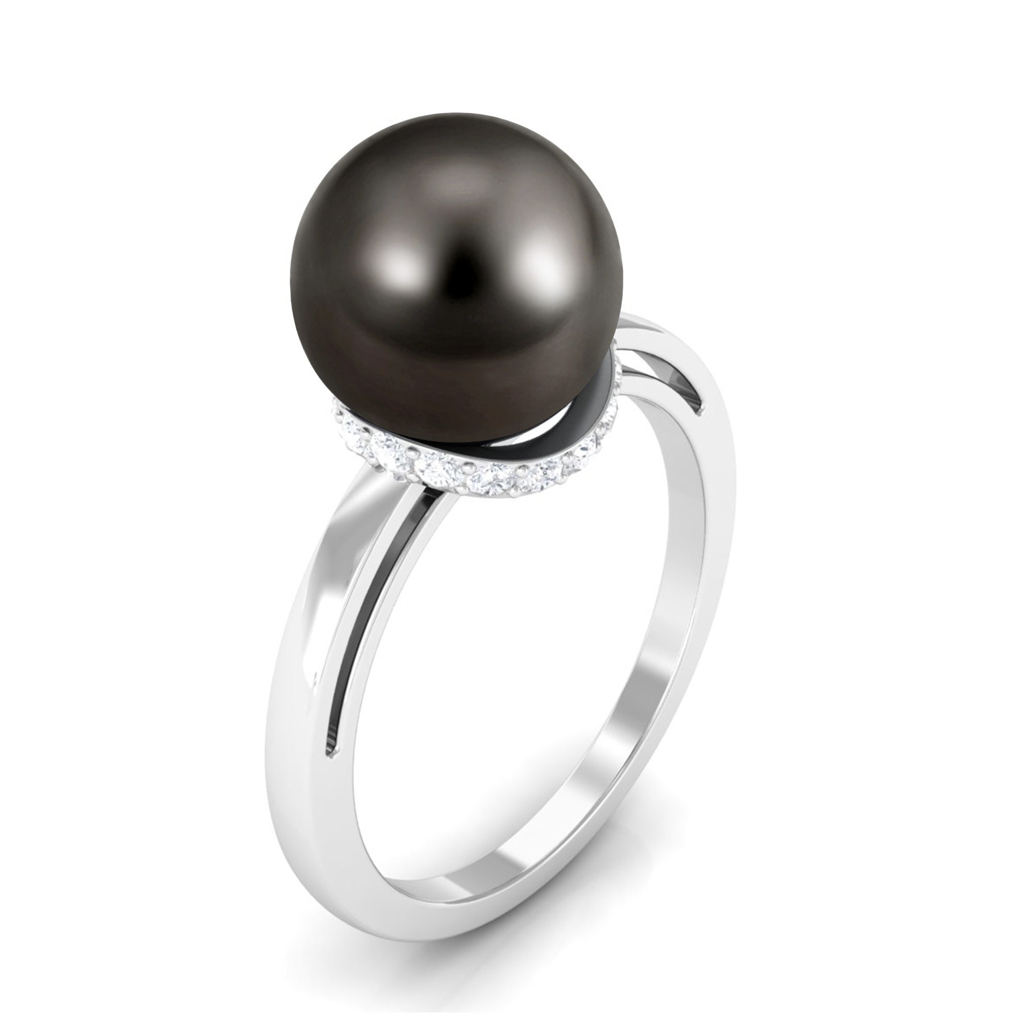 Tahitian Pearl Solitaire Engagement Ring with Diamond Surprise Halo AAA - Rosec Jewels