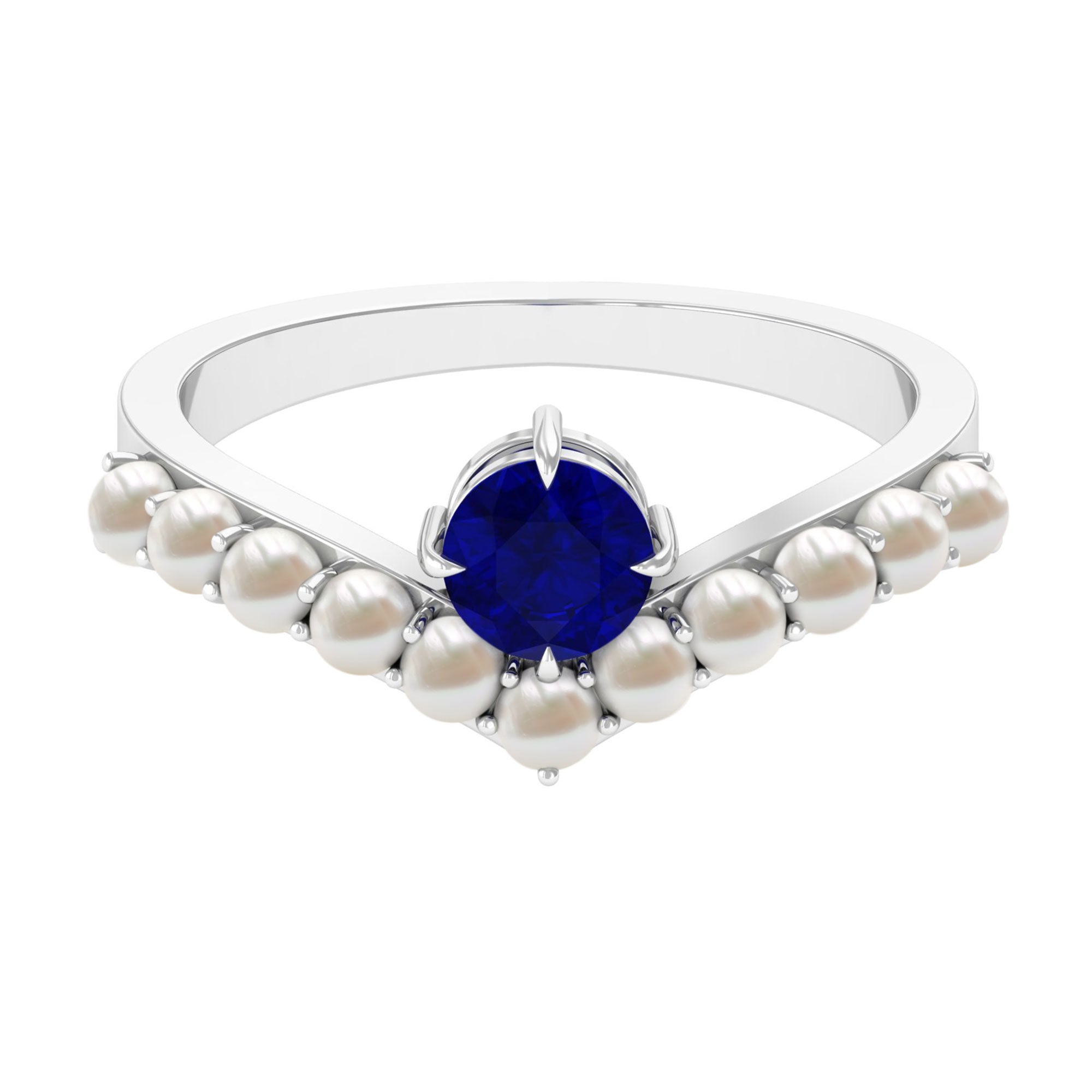 2 CT Solitaire Blue Sapphire and Freshwater Pearl Chevron Ring AAA - Rosec Jewels