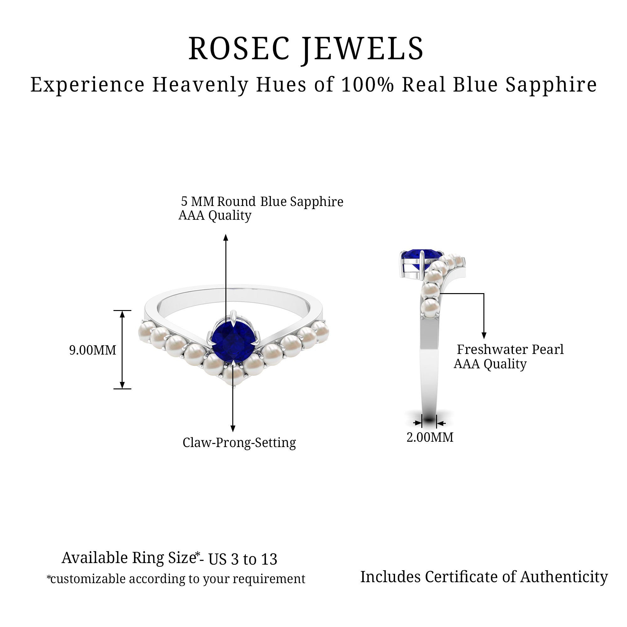 2 CT Solitaire Blue Sapphire and Freshwater Pearl Chevron Ring AAA - Rosec Jewels