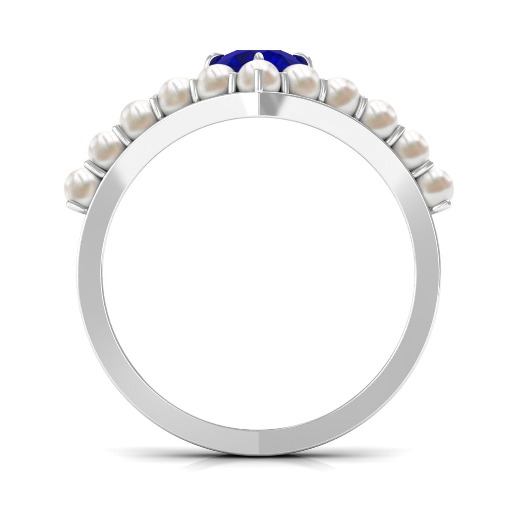 2 CT Solitaire Blue Sapphire and Freshwater Pearl Chevron Ring AAA - Rosec Jewels
