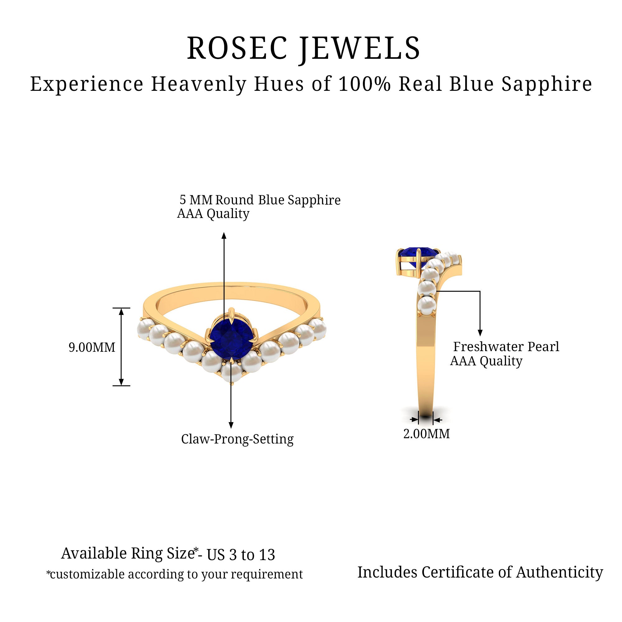 2 CT Solitaire Blue Sapphire and Freshwater Pearl Chevron Ring AAA - Rosec Jewels