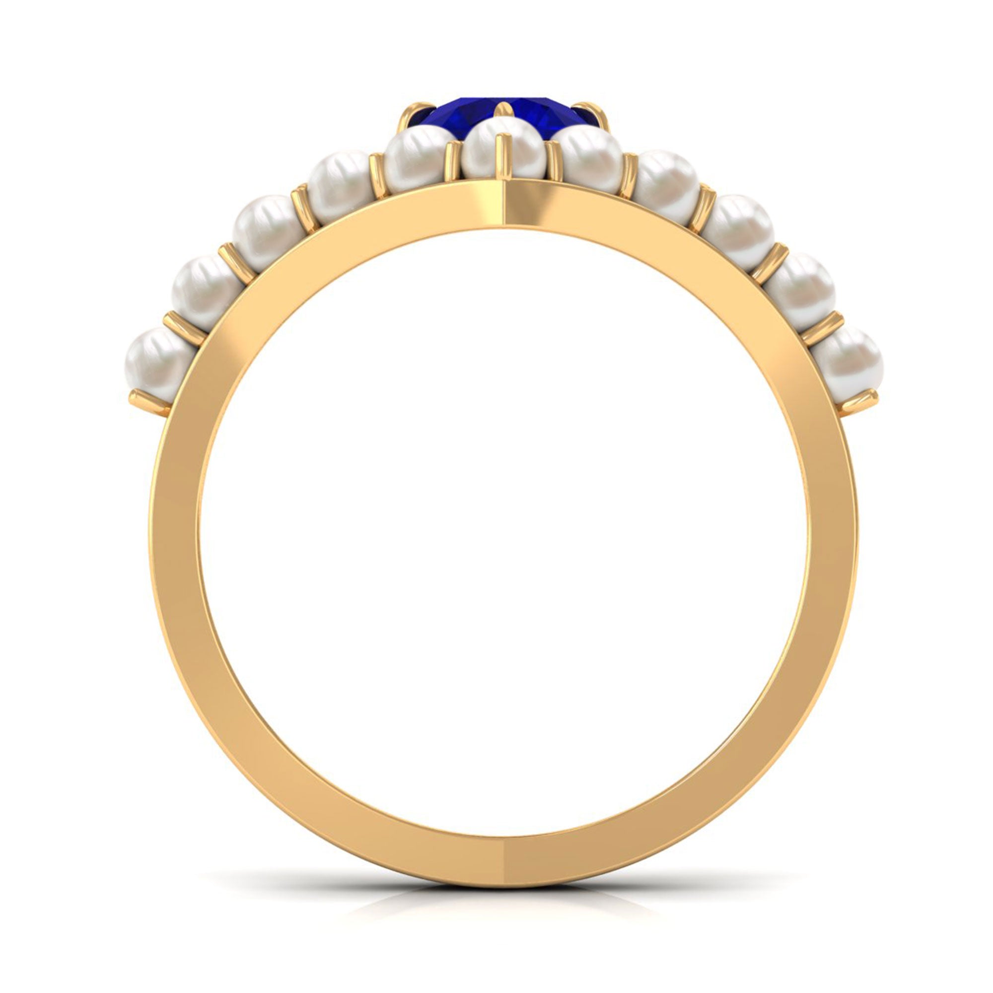 2 CT Solitaire Blue Sapphire and Freshwater Pearl Chevron Ring AAA - Rosec Jewels
