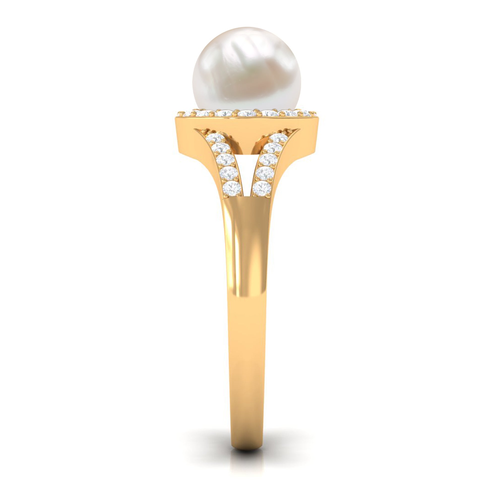 Split Shank Freshwater Pearl Engagement Ring with Diamond Halo AAA - Rosec Jewels