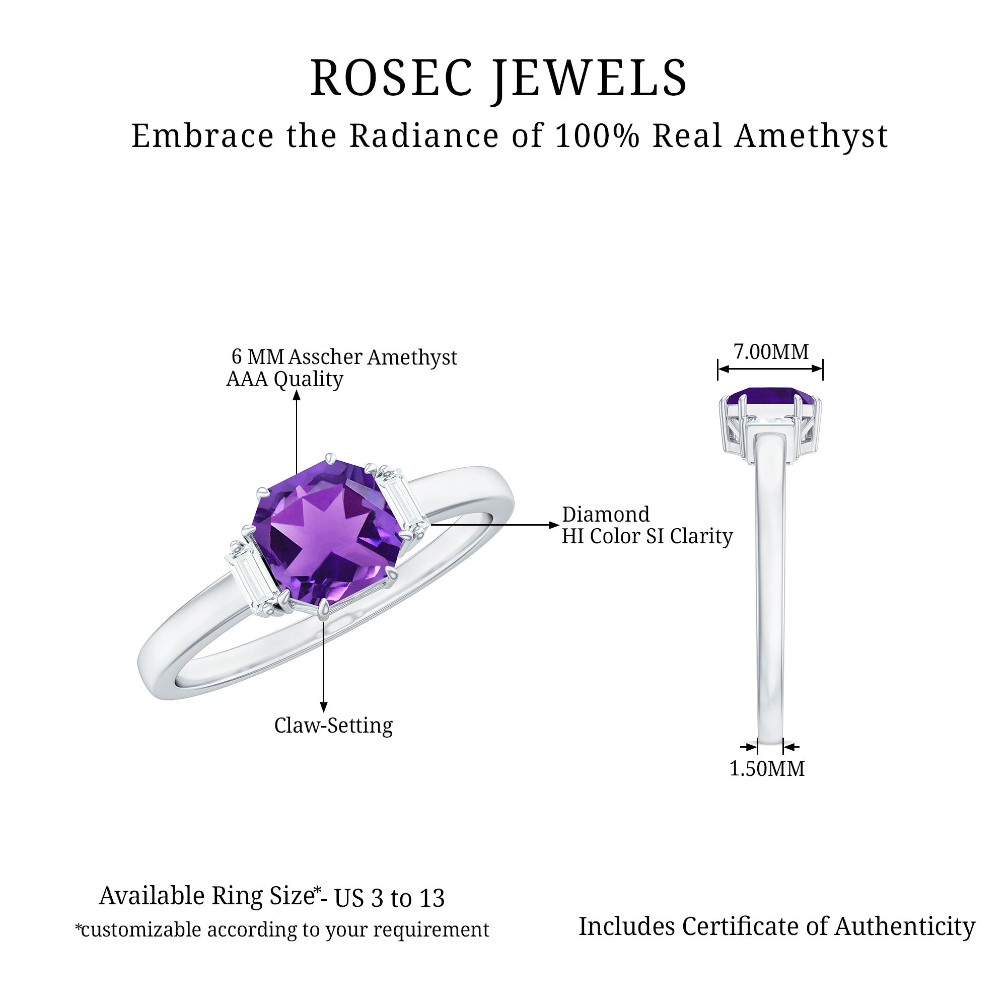 Natural 1.3 Carat Amethyst Asscher Cut Engagement Ring with Diamond AAA - Rosec Jewels