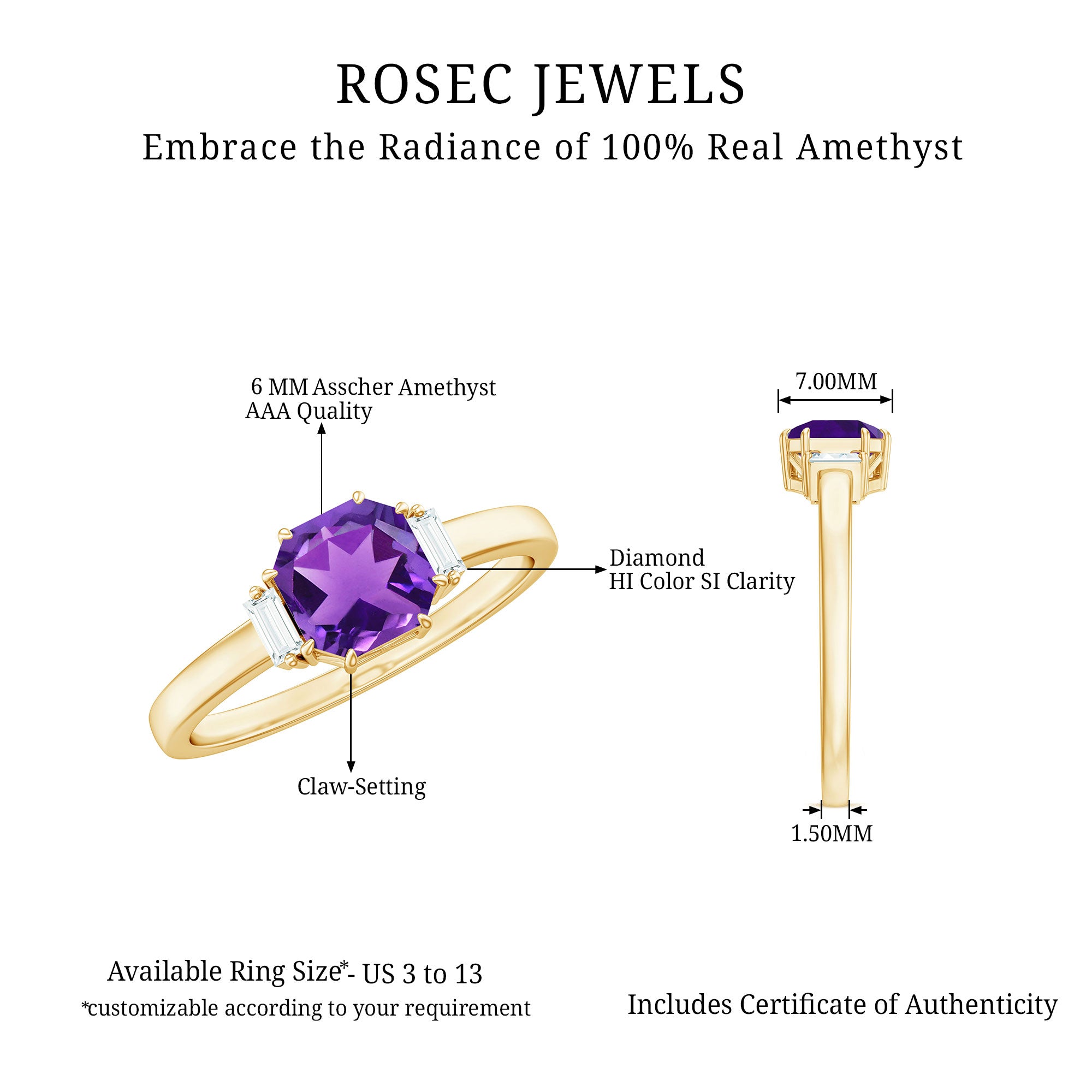 Natural 1.3 Carat Amethyst Asscher Cut Engagement Ring with Diamond AAA - Rosec Jewels
