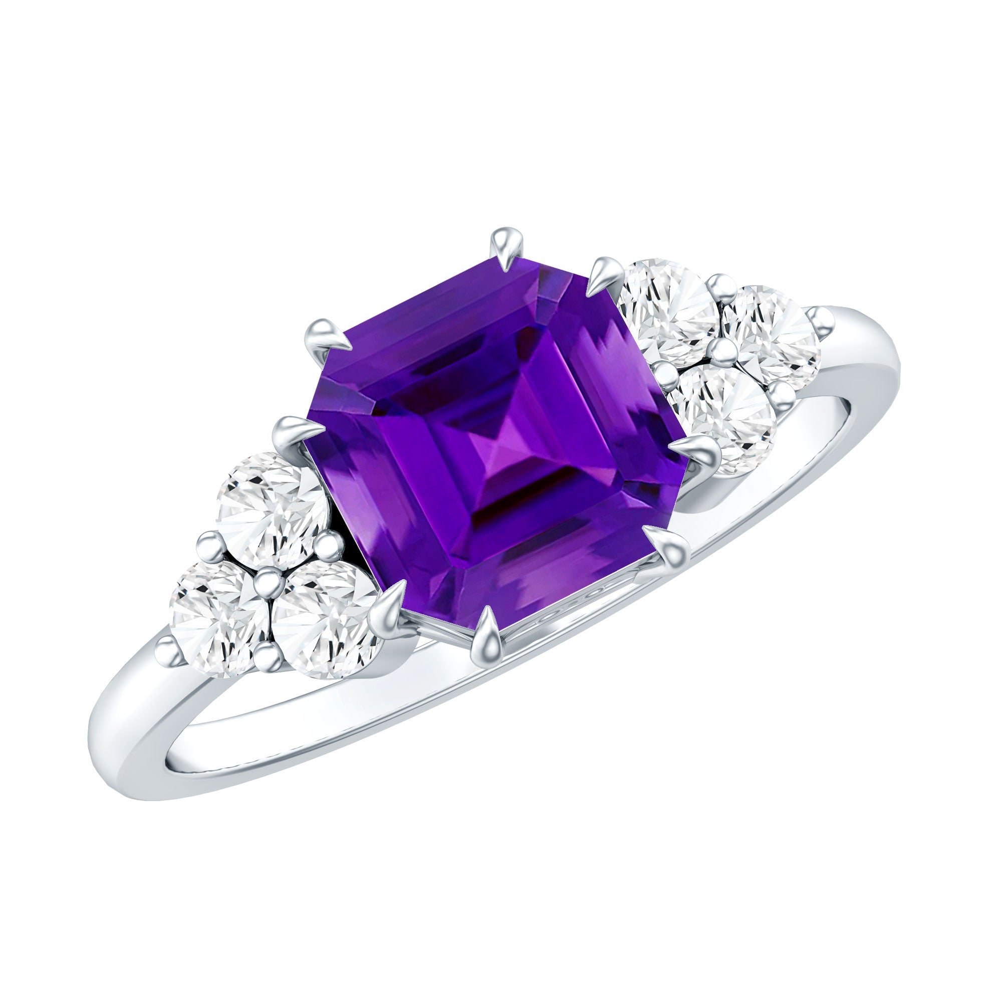 3 Carat Amethyst Asscher Cut Engagement Ring with Diamond Trio AAA - Rosec Jewels