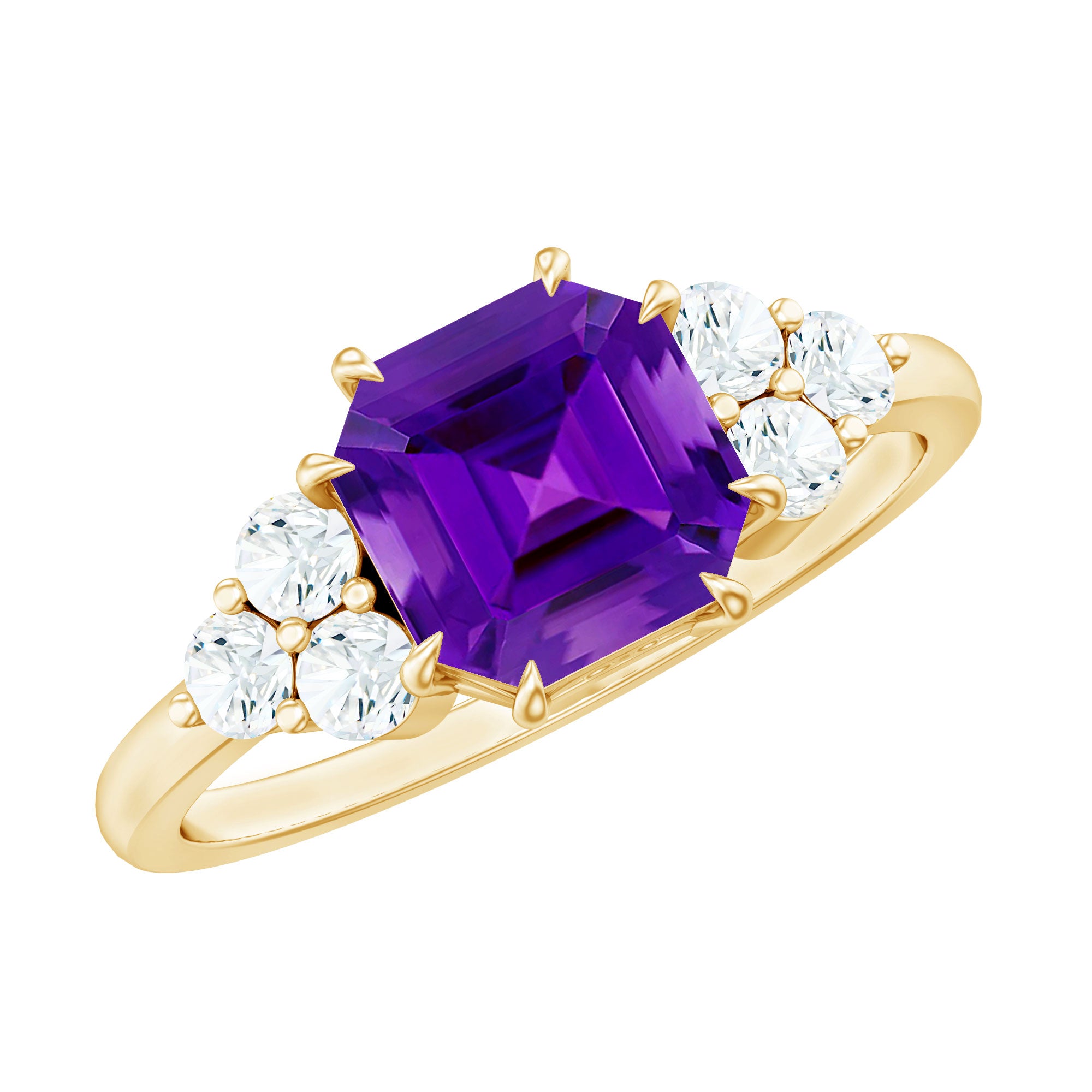 3 Carat Amethyst Asscher Cut Engagement Ring with Diamond Trio AAA - Rosec Jewels