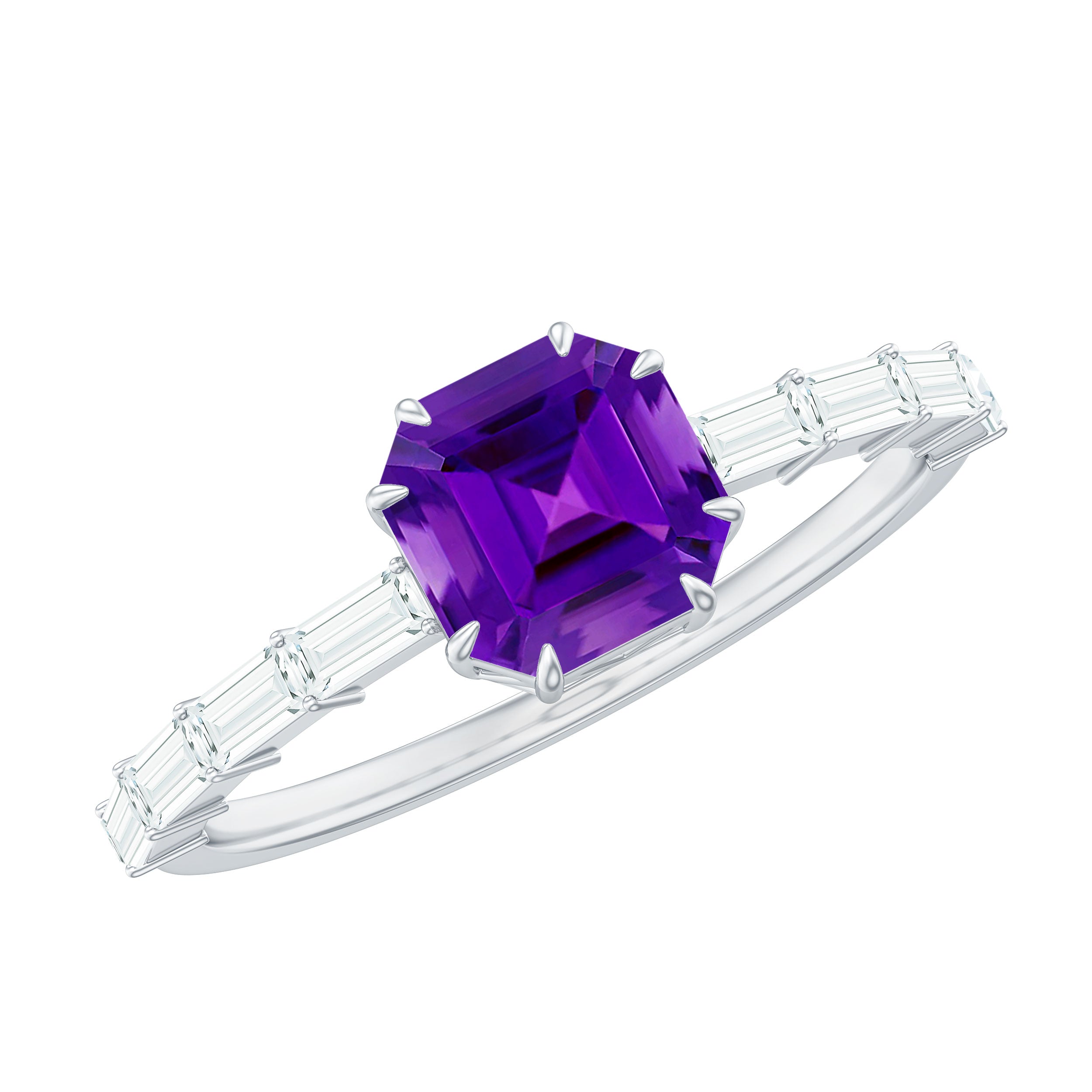 Asscher Amethyst Solitaire Engagement Ring with Diamond