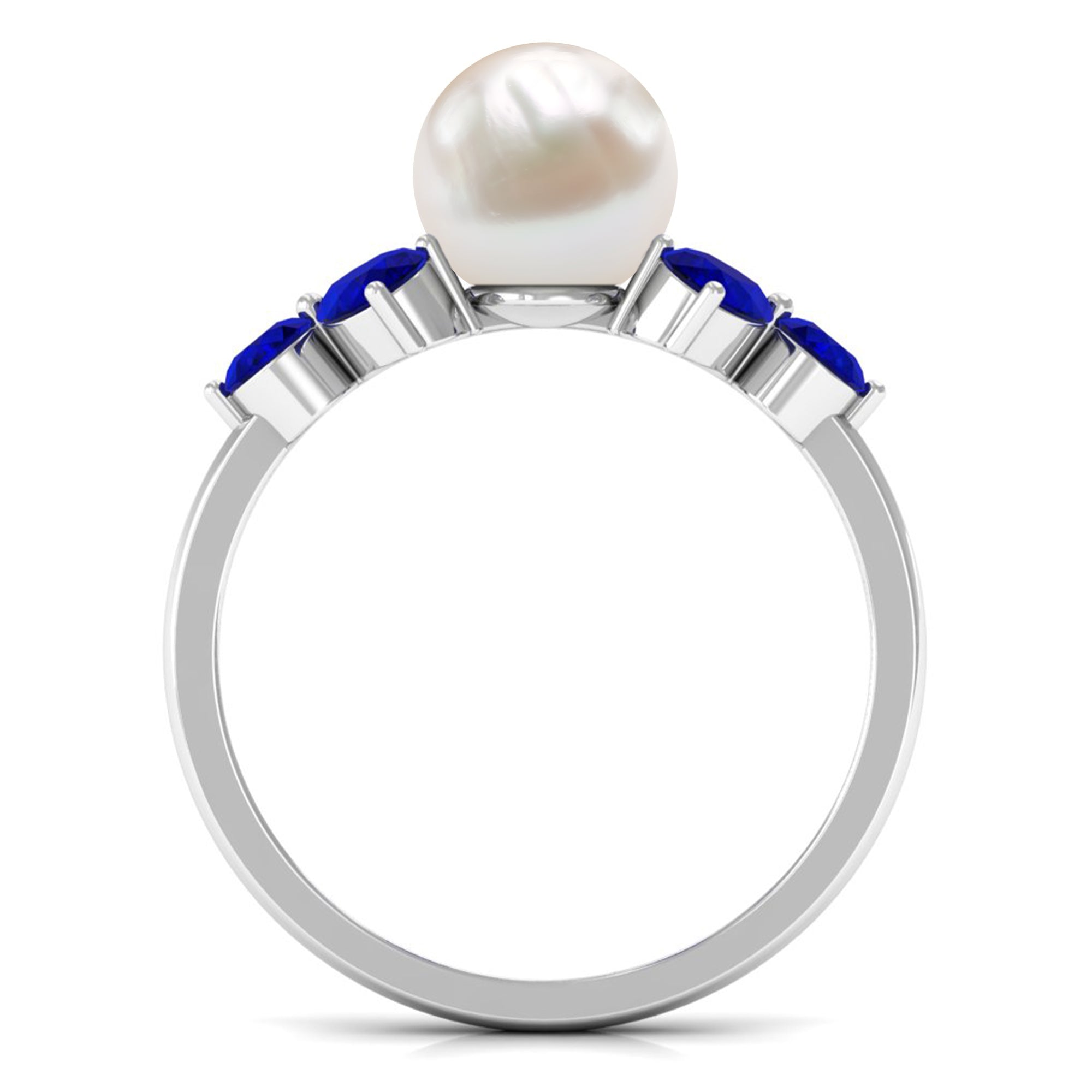 Rosec Jewels-Natural 7.4 Carat Freshwater Pearl Engagement Ring with Blue Sapphire Trio