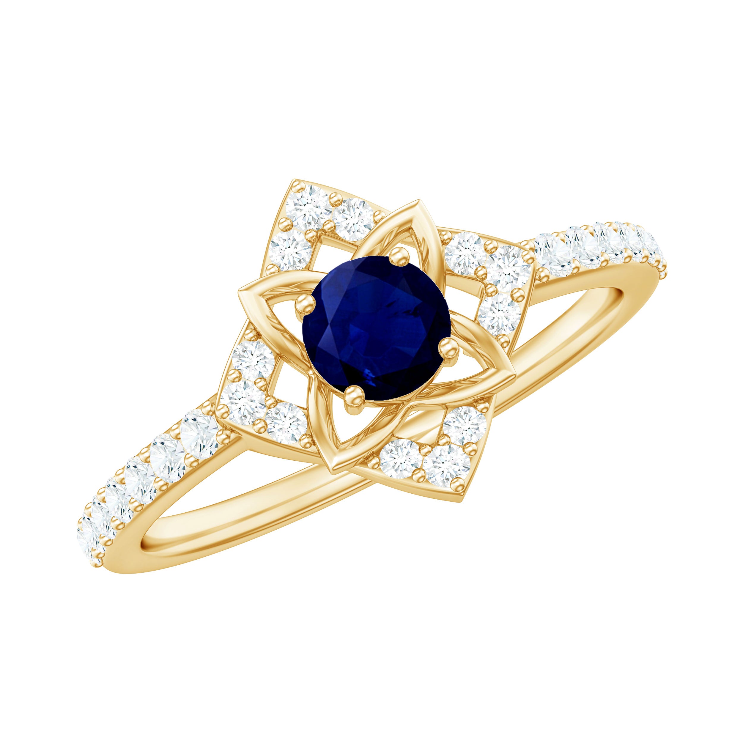 Real Blue Sapphire Diamond Flower Engagement Ring for Women AAA - Rosec Jewels