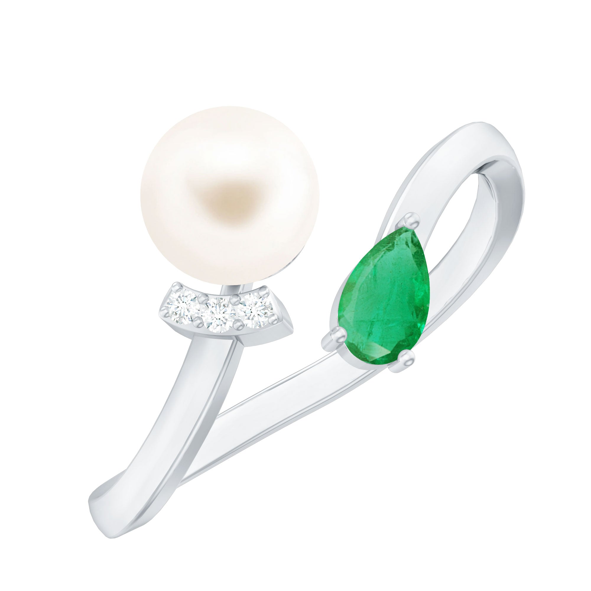 Cultured Freshwater Pearl and Emerald Toi Et Moi Promise Ring AAA - Rosec Jewels