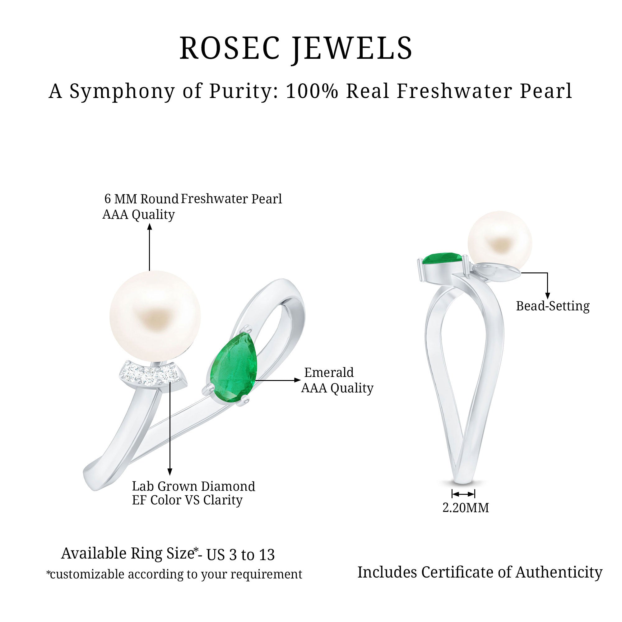 Cultured Freshwater Pearl and Emerald Toi Et Moi Promise Ring AAA - Rosec Jewels