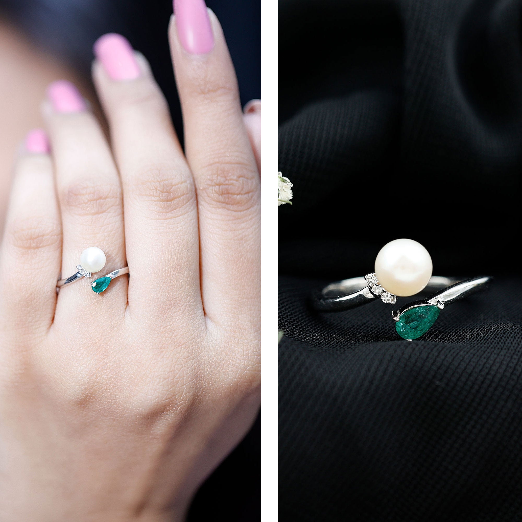 Cultured Freshwater Pearl and Emerald Toi Et Moi Promise Ring AAA - Rosec Jewels