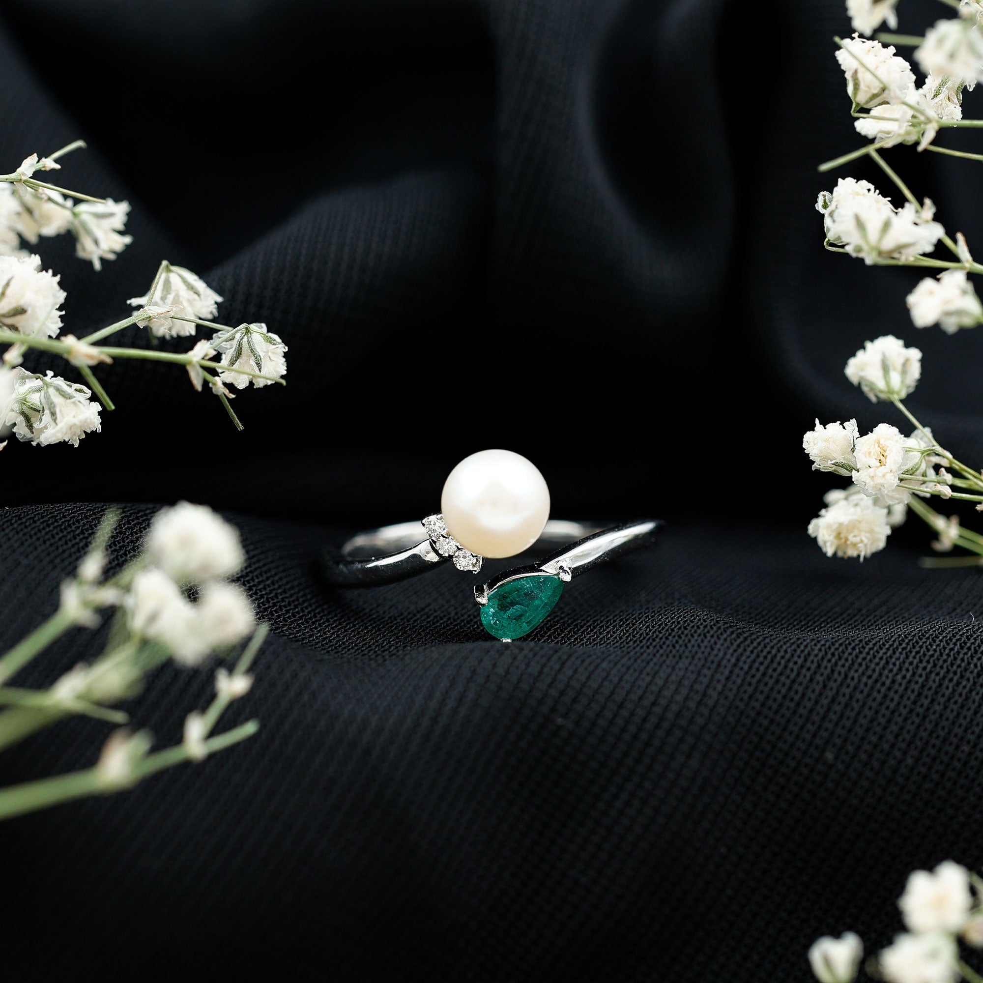 Cultured Freshwater Pearl and Emerald Toi Et Moi Promise Ring AAA - Rosec Jewels