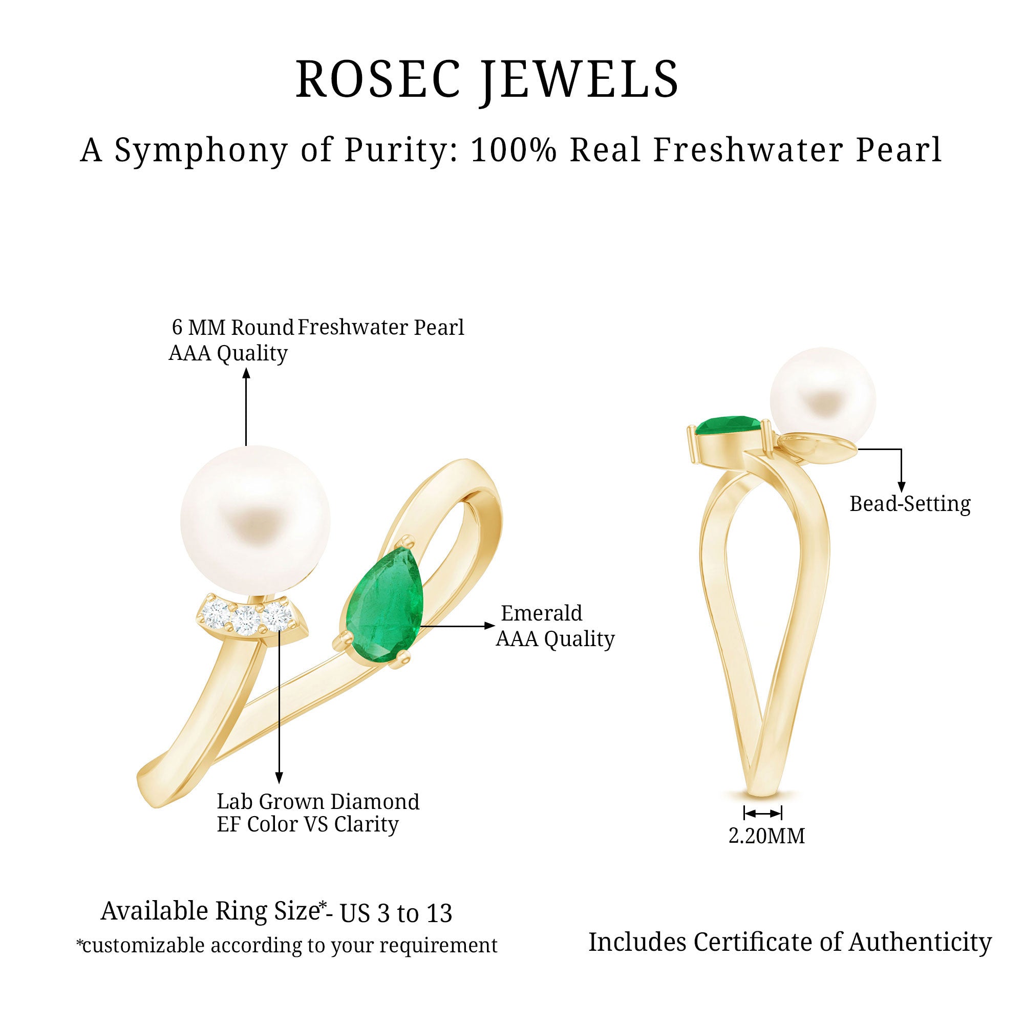Cultured Freshwater Pearl and Emerald Toi Et Moi Promise Ring AAA - Rosec Jewels