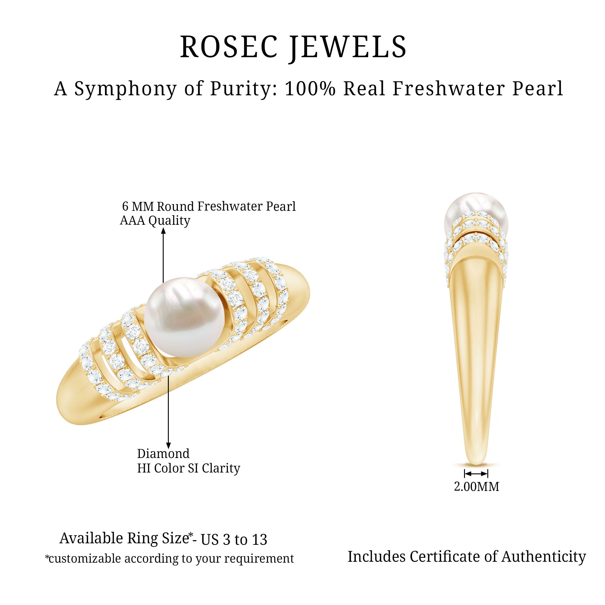 2 Carat Freshwater Pearl Diamond Engagement Ring for Women AAA - Rosec Jewels