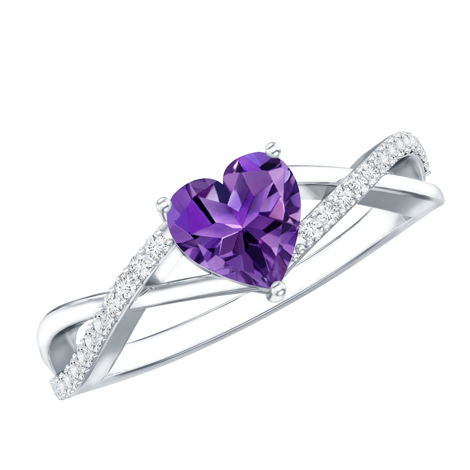Genuine 0.9 Carat Amethyst Heart Engagement Ring with Diamond Crossover Shank AAA - Rosec Jewels