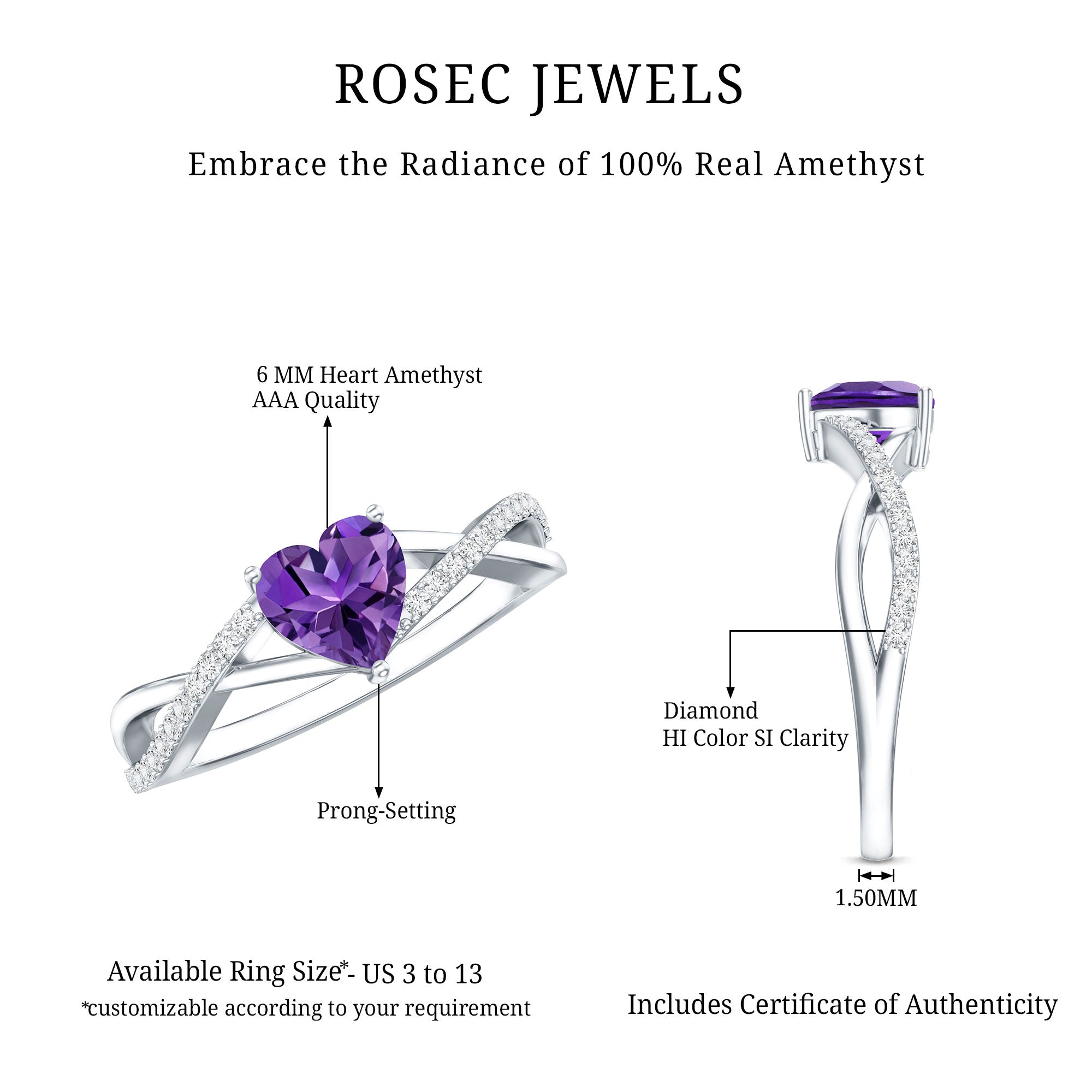 Genuine 0.9 Carat Amethyst Heart Engagement Ring with Diamond Crossover Shank AAA - Rosec Jewels