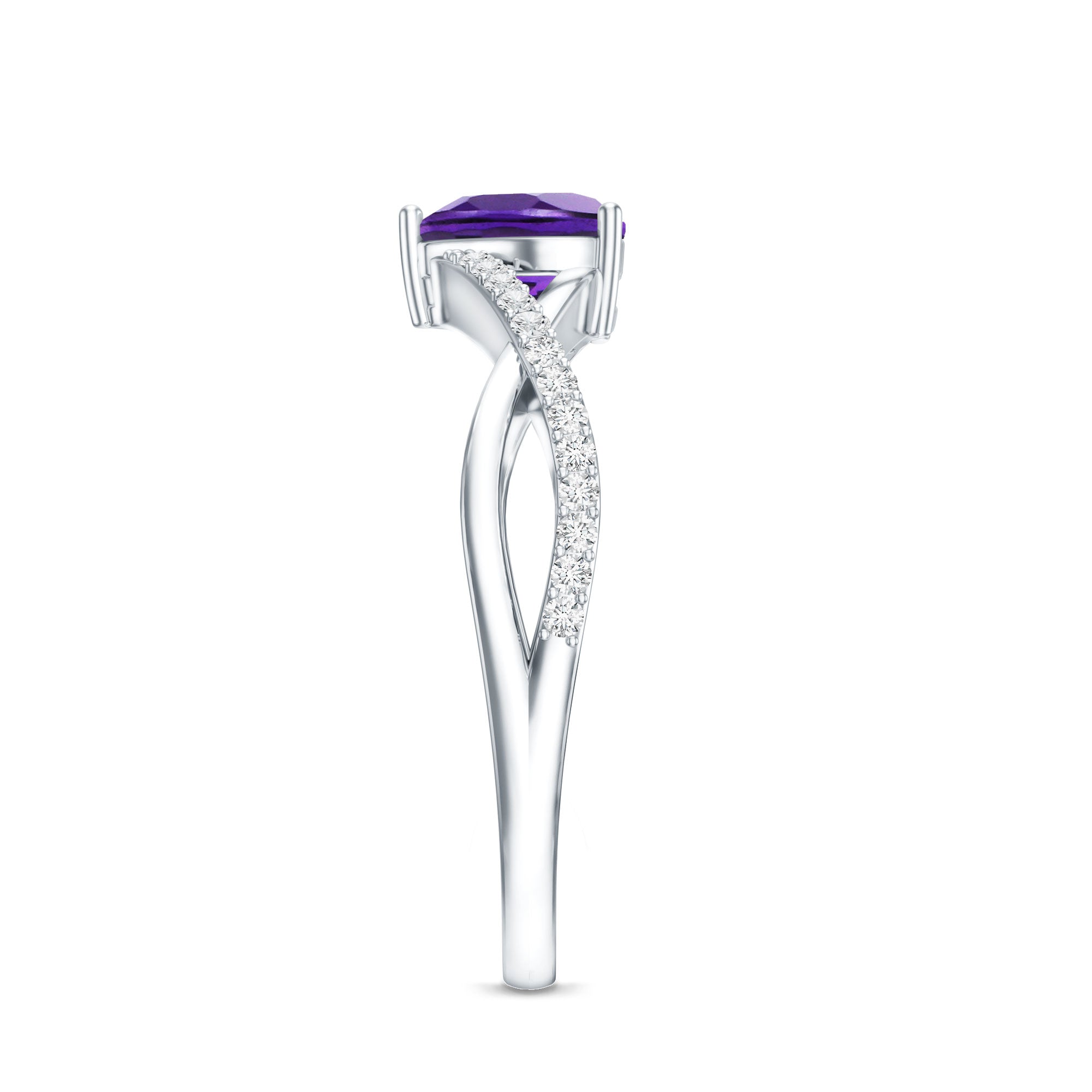 Genuine 0.9 Carat Amethyst Heart Engagement Ring with Diamond Crossover Shank AAA - Rosec Jewels