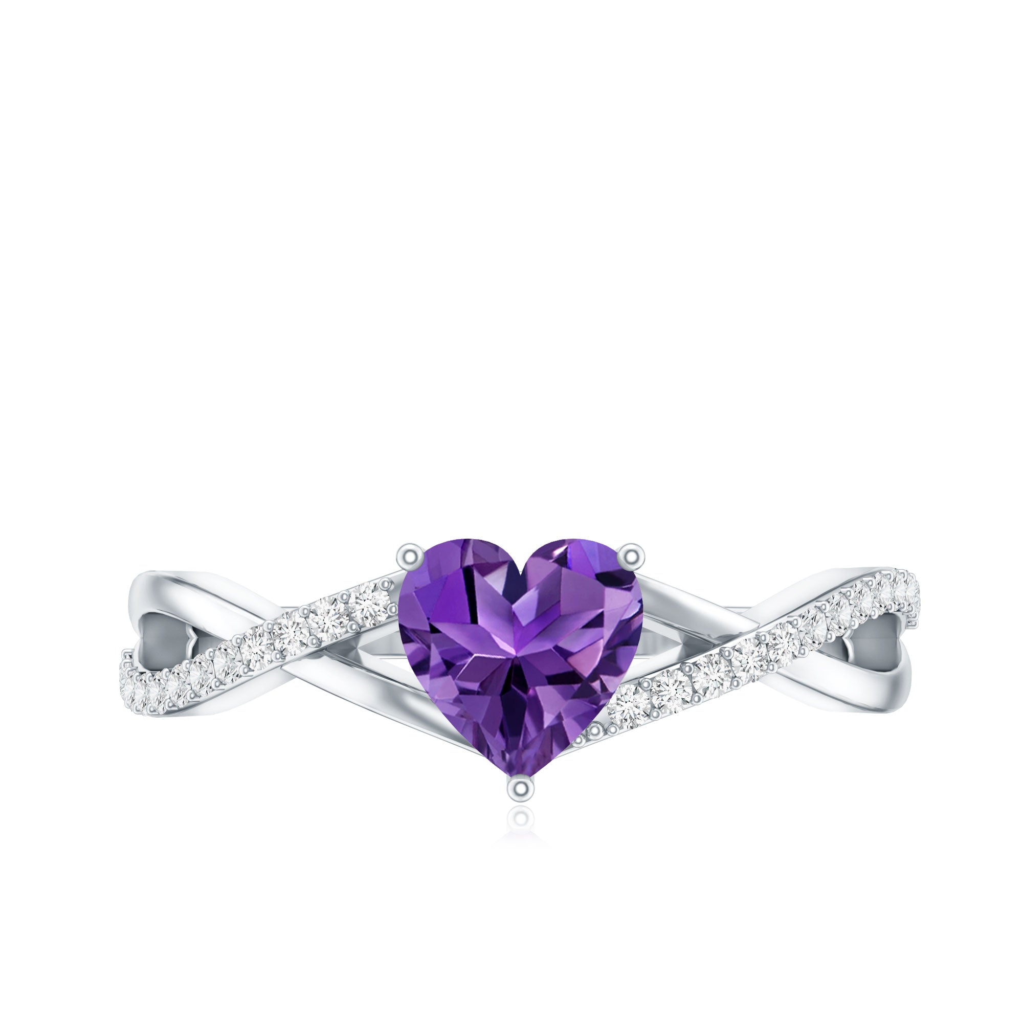Genuine 0.9 Carat Amethyst Heart Engagement Ring with Diamond Crossover Shank AAA - Rosec Jewels