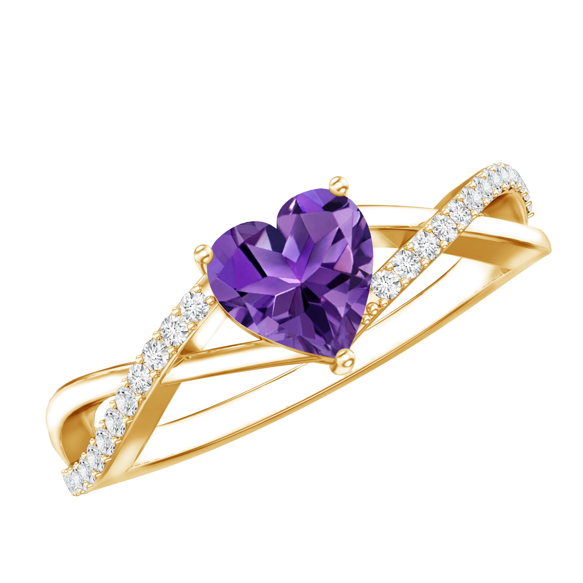 Genuine 0.9 Carat Amethyst Heart Engagement Ring with Diamond Crossover Shank AAA - Rosec Jewels