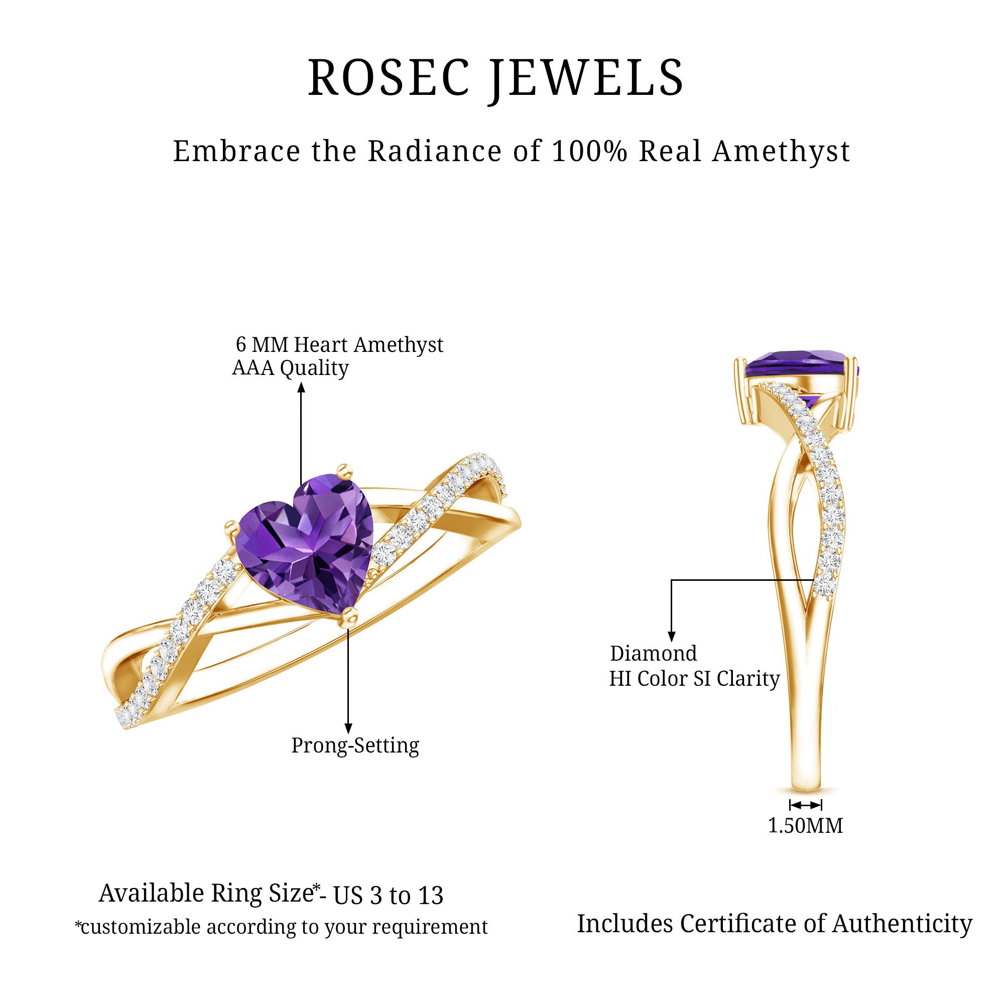 Genuine 0.9 Carat Amethyst Heart Engagement Ring with Diamond Crossover Shank AAA - Rosec Jewels