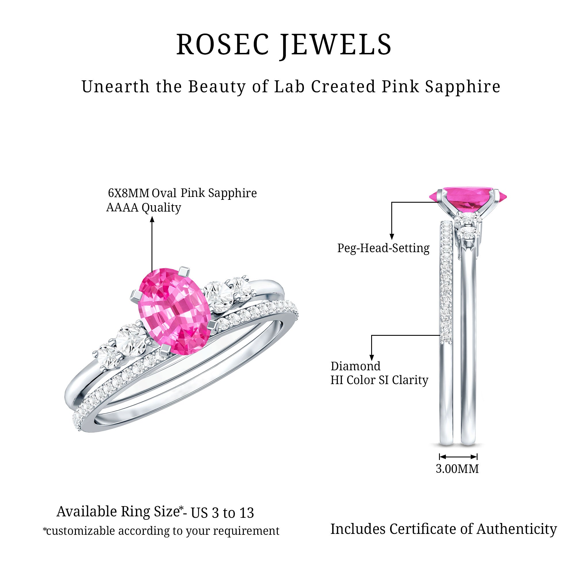1.50 CT Oval Cut Solitaire Created Pink Sapphire Ring Set with Diamond AAAA - Rosec Jewels
