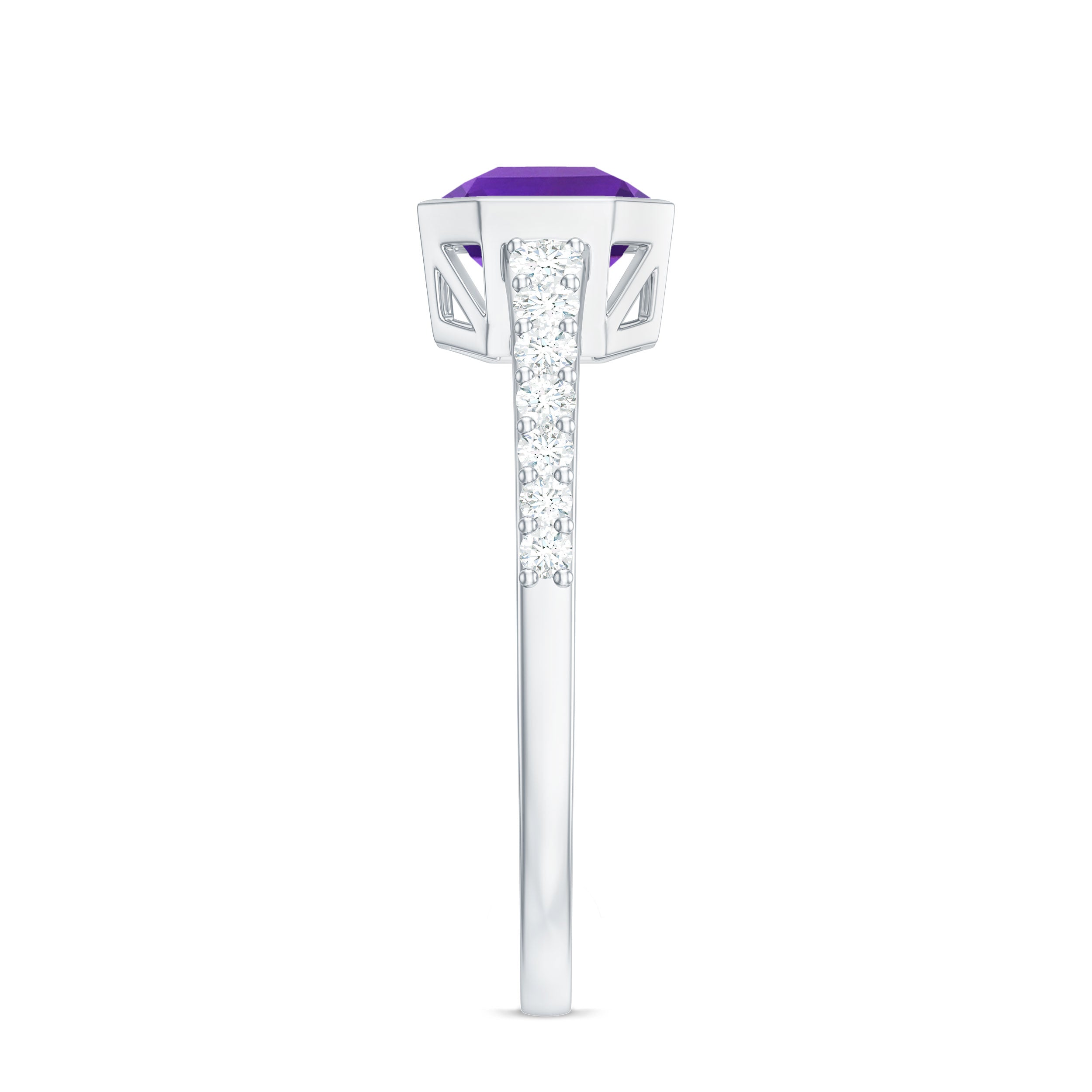 Rosec Jewels-Bezel Asscher Amethyst Solitaire Ring with Diamond Side Stones