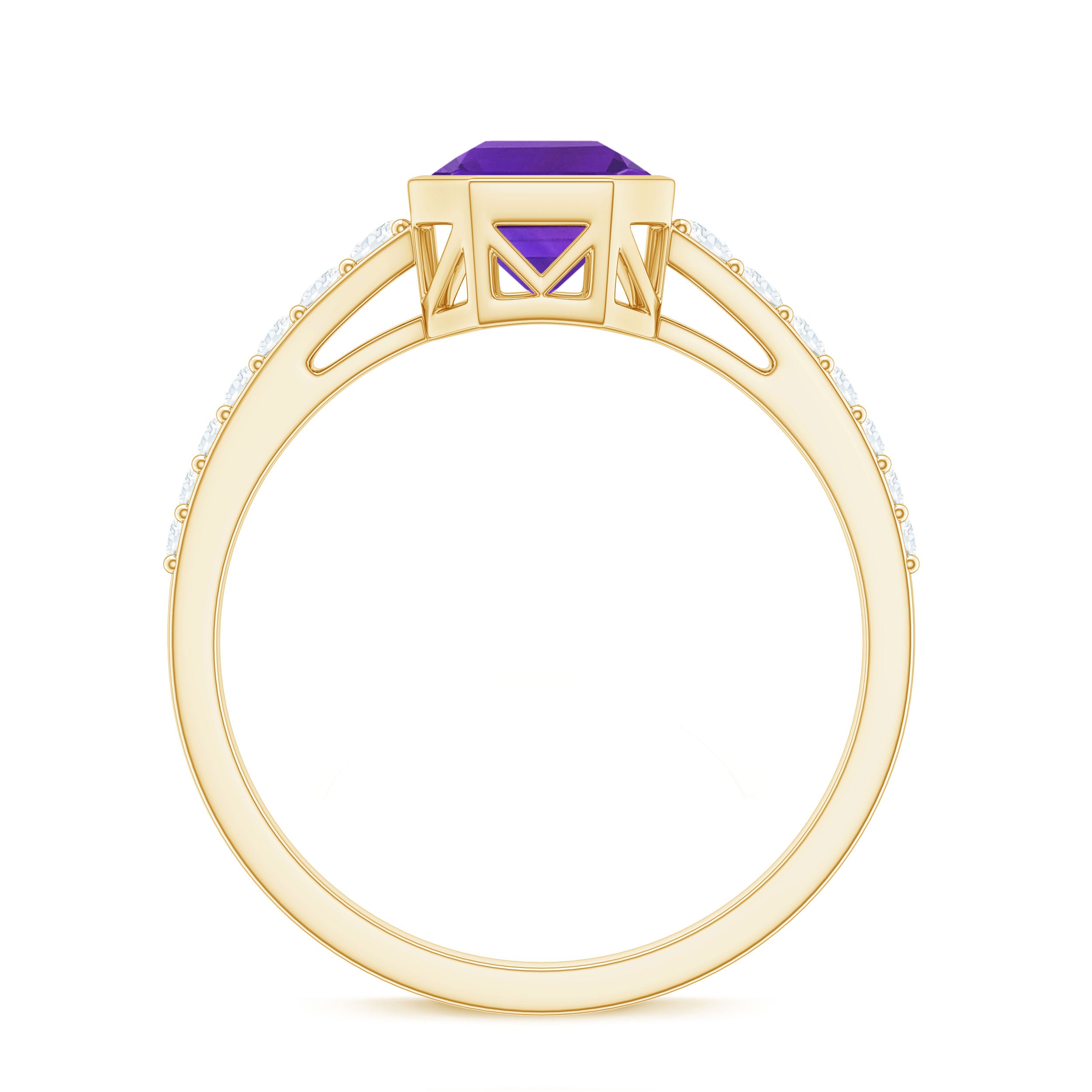 Rosec Jewels-Bezel Asscher Amethyst Solitaire Ring with Diamond Side Stones