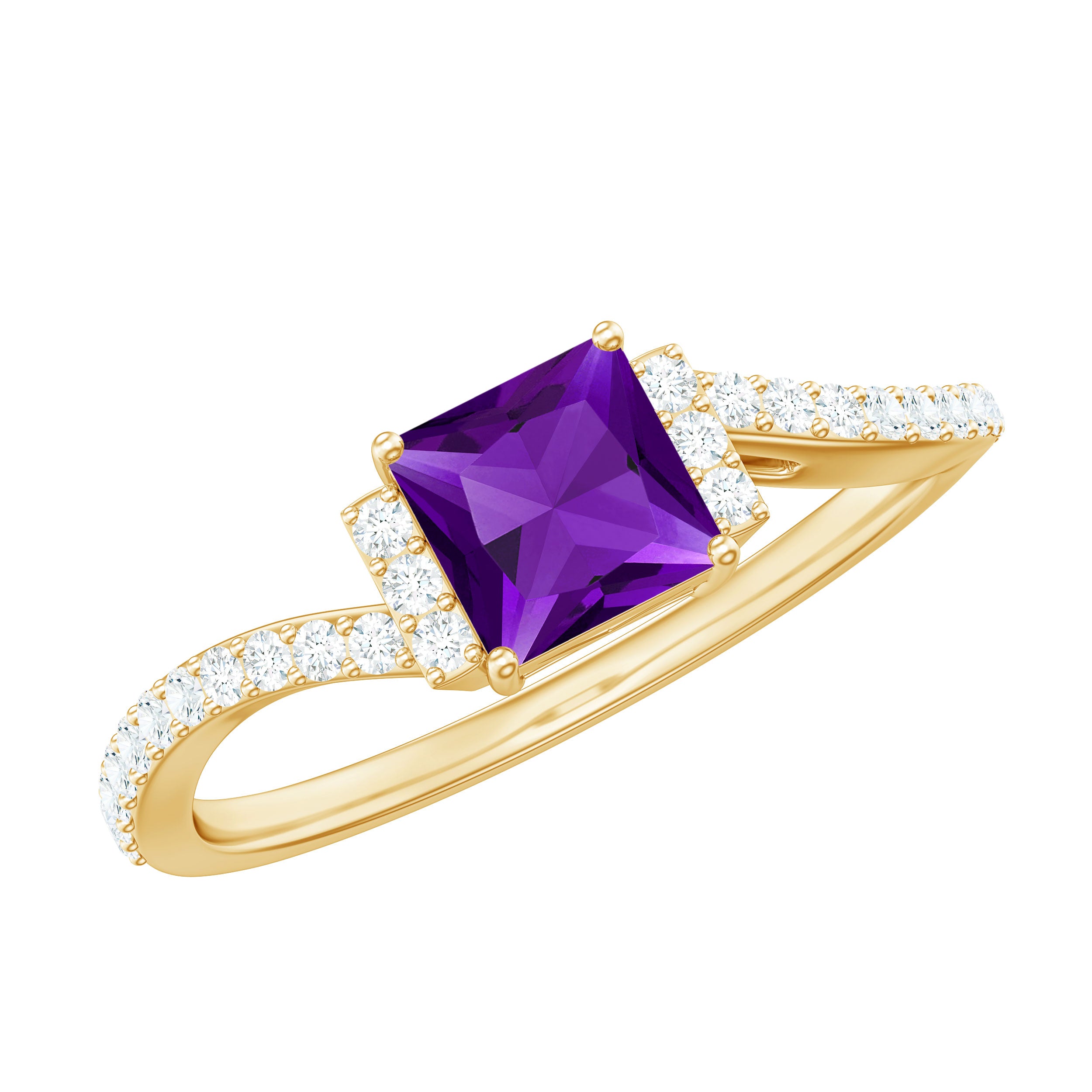 Real 1.2 Carat Amethyst Princess Cut Engagement Ring with Diamond Bypass Shank AAA - Rosec Jewels