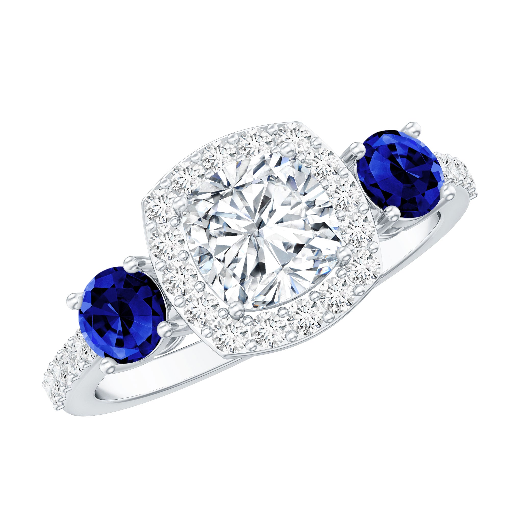 Certified 1.7 Carat Cushion Cut Lab Grown Diamond Engagement Ring with Blue Sapphire Lab - ( EF-VS ) - Rosec Jewels
