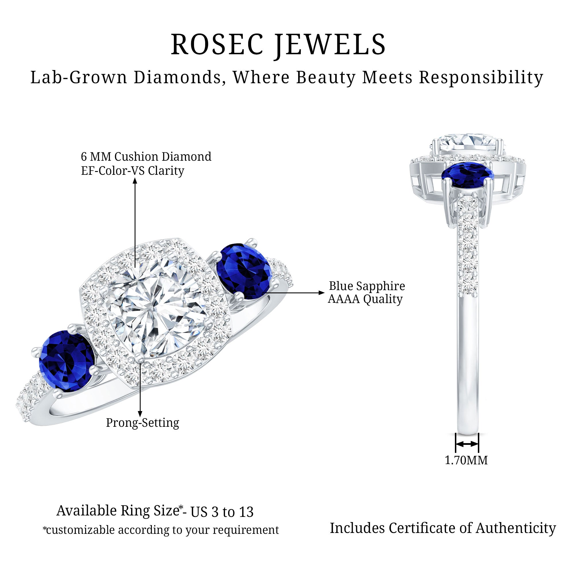 Certified 1.7 Carat Cushion Cut Lab Grown Diamond Engagement Ring with Blue Sapphire Lab - ( EF-VS ) - Rosec Jewels