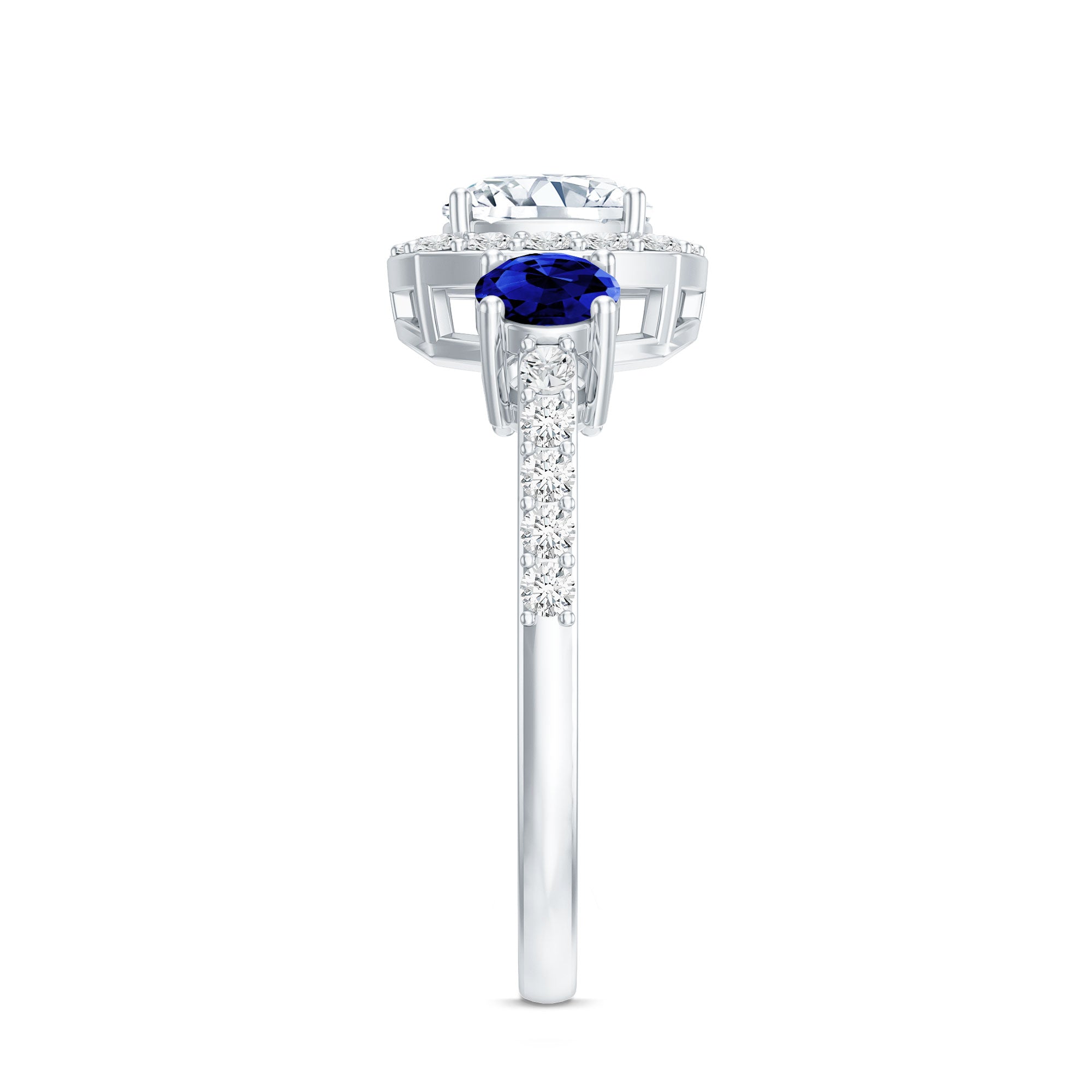 Certified 1.7 Carat Cushion Cut Lab Grown Diamond Engagement Ring with Blue Sapphire Lab - ( EF-VS ) - Rosec Jewels