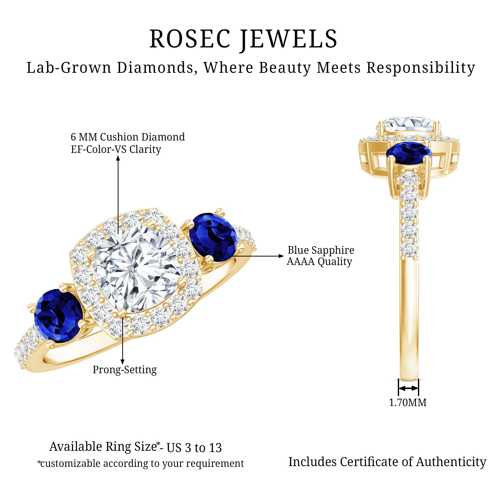 Certified 1.7 Carat Cushion Cut Lab Grown Diamond Engagement Ring with Blue Sapphire Lab - ( EF-VS ) - Rosec Jewels