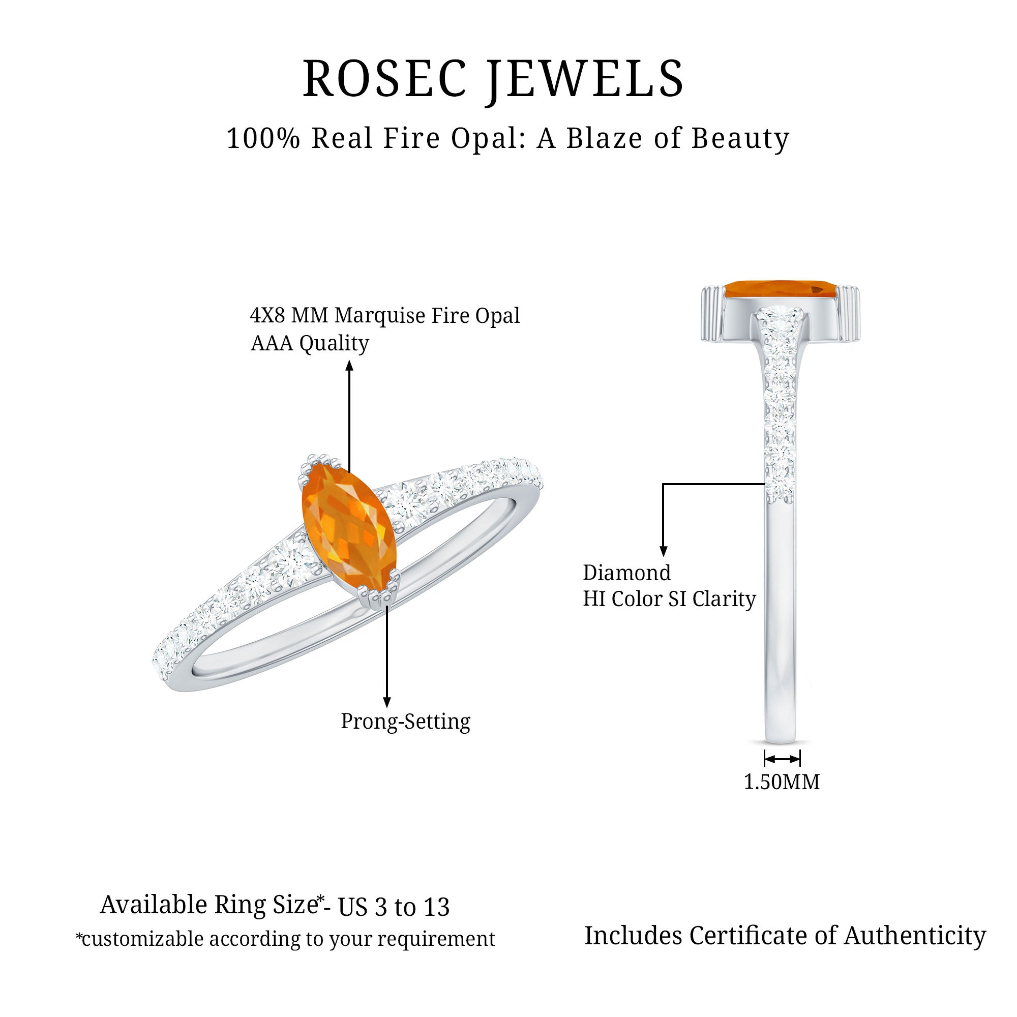 3/4 Carat Marquise Fire Opal Engagement Ring with Diamond AAA - Rosec Jewels