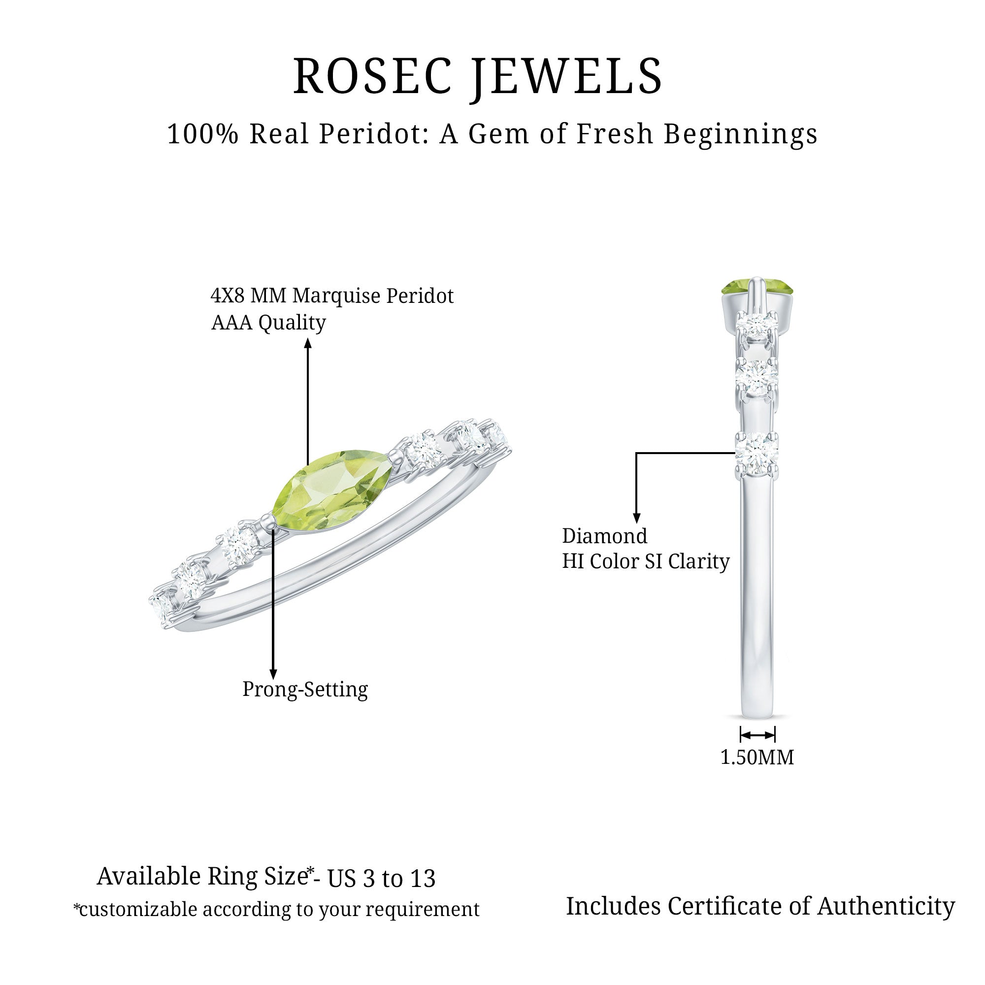 0.75 CT Peridot East West Ring with Diamond Accent AAA - Rosec Jewels