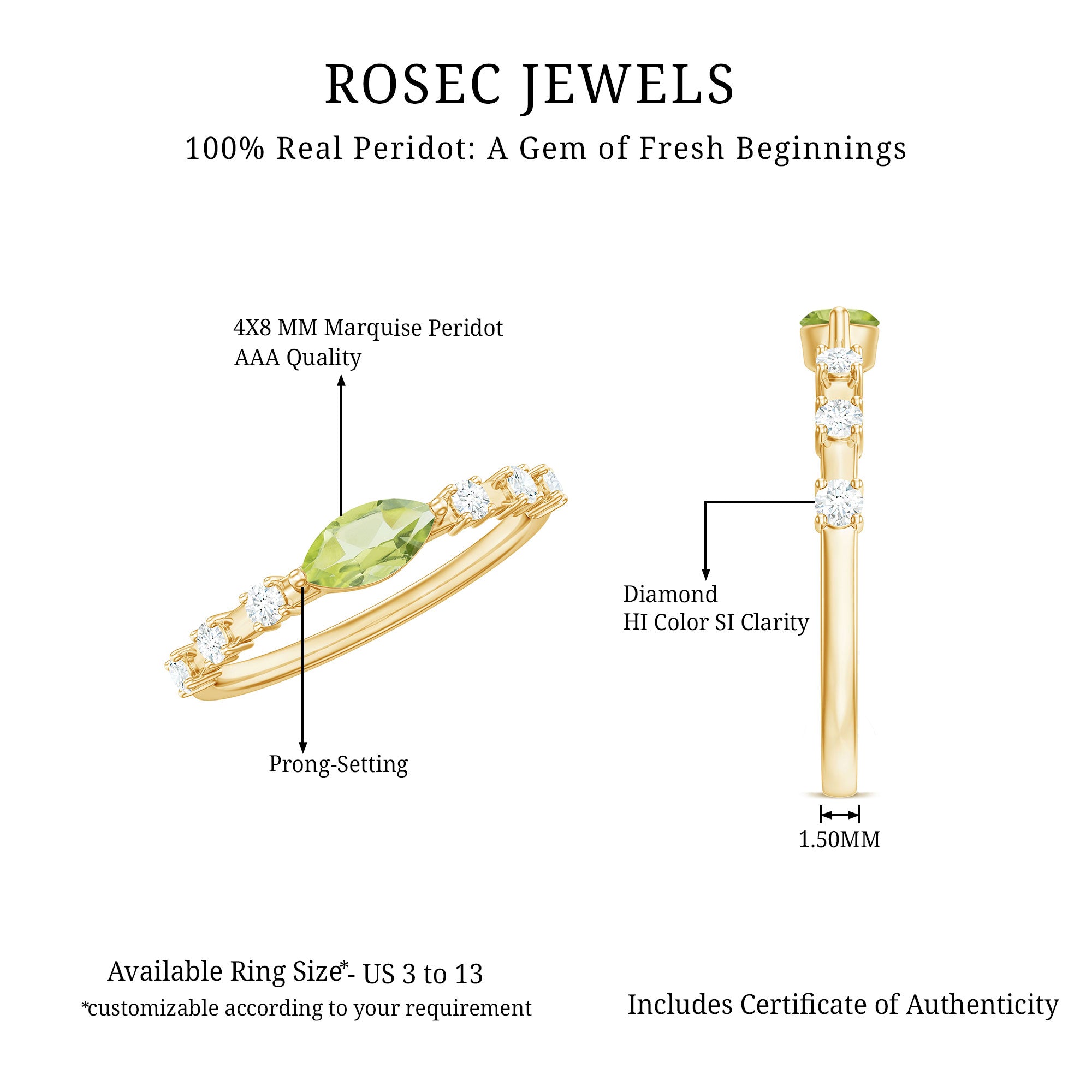 0.75 CT Peridot East West Ring with Diamond Accent AAA - Rosec Jewels