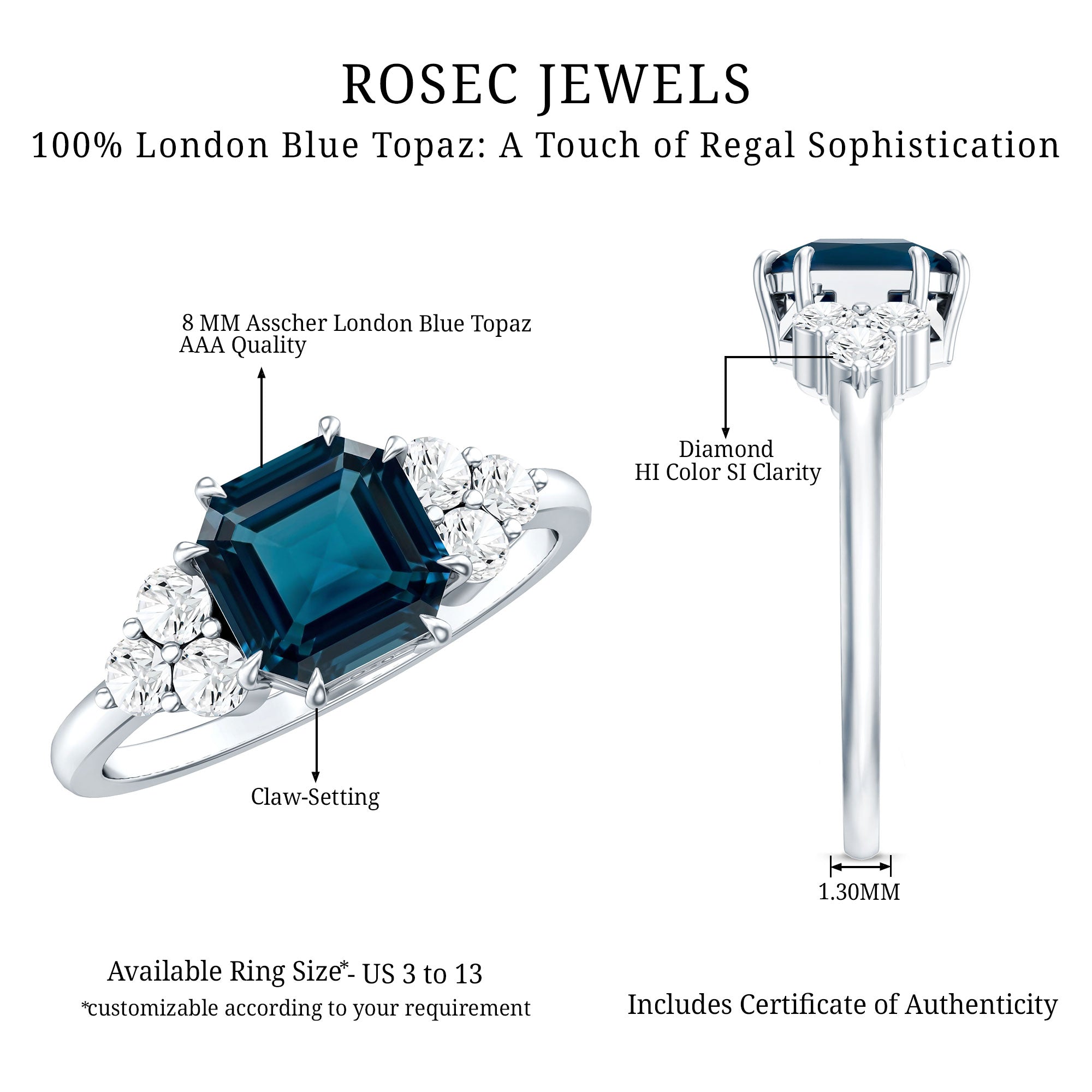 Asscher Cut London Blue Topaz Solitaire Engagement Ring with Diamond Trio AAA - Rosec Jewels