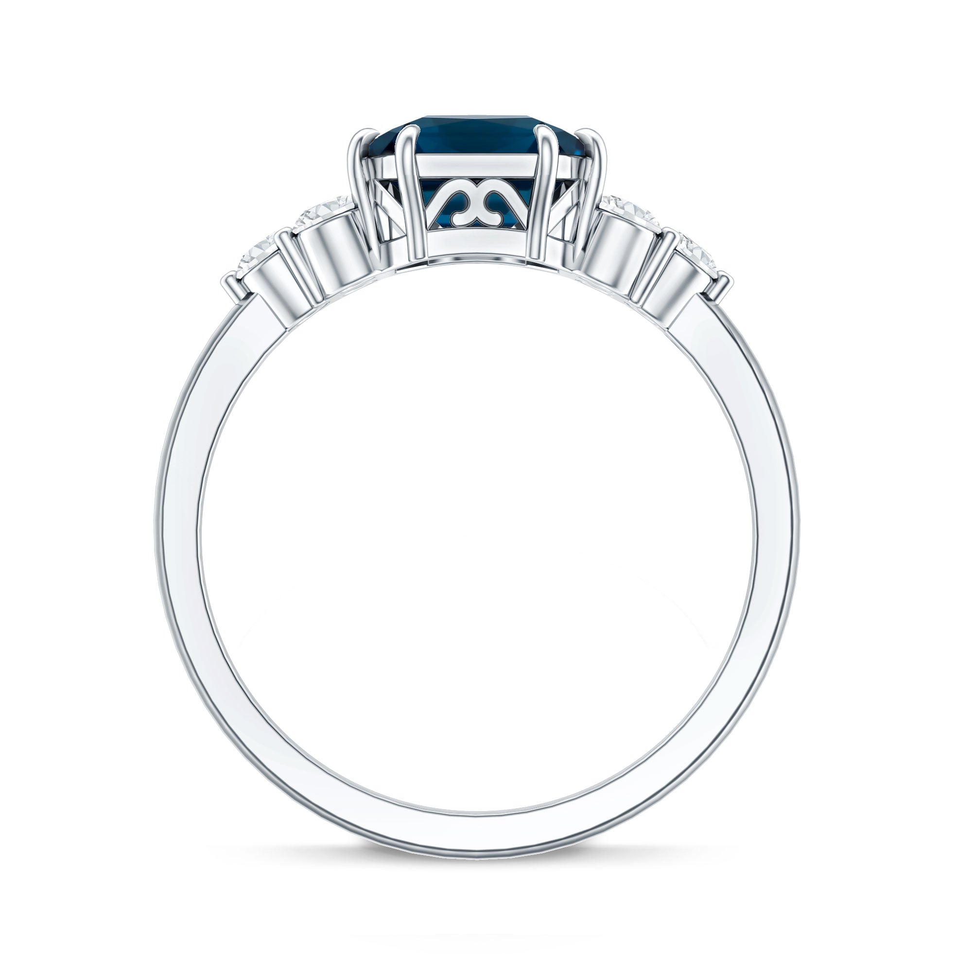 Asscher Cut London Blue Topaz Solitaire Engagement Ring with Diamond Trio AAA - Rosec Jewels