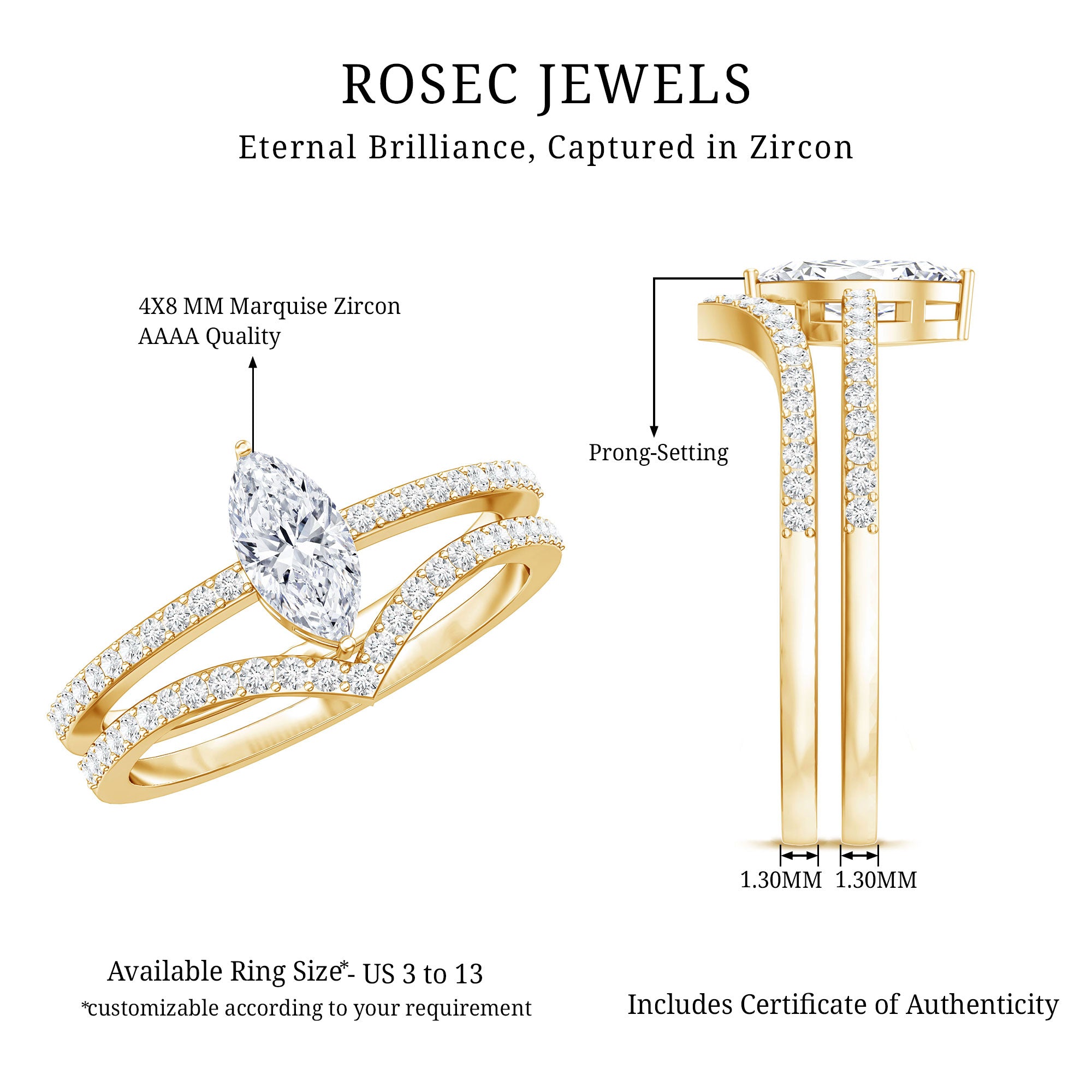 Certified Marquise Cut Zircon Wedding Ring Set for Women AAAA - Rosec Jewels