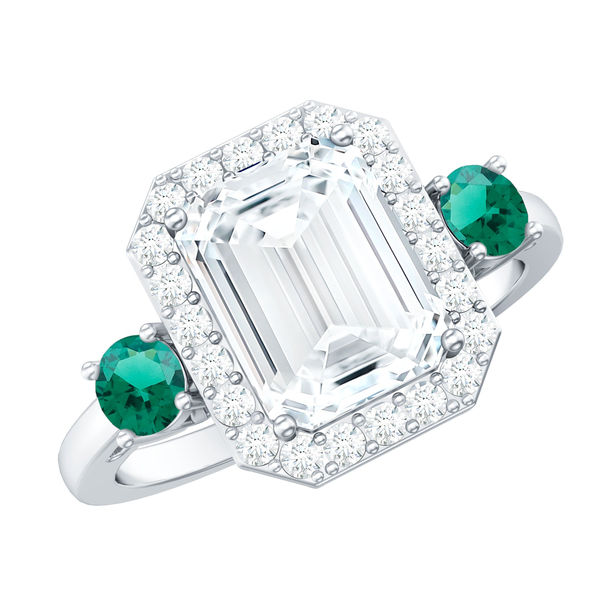 Certified 7X9 mm Moissanite Emerald Cut Engagement Ring with Emerald AAAA - Rosec Jewels