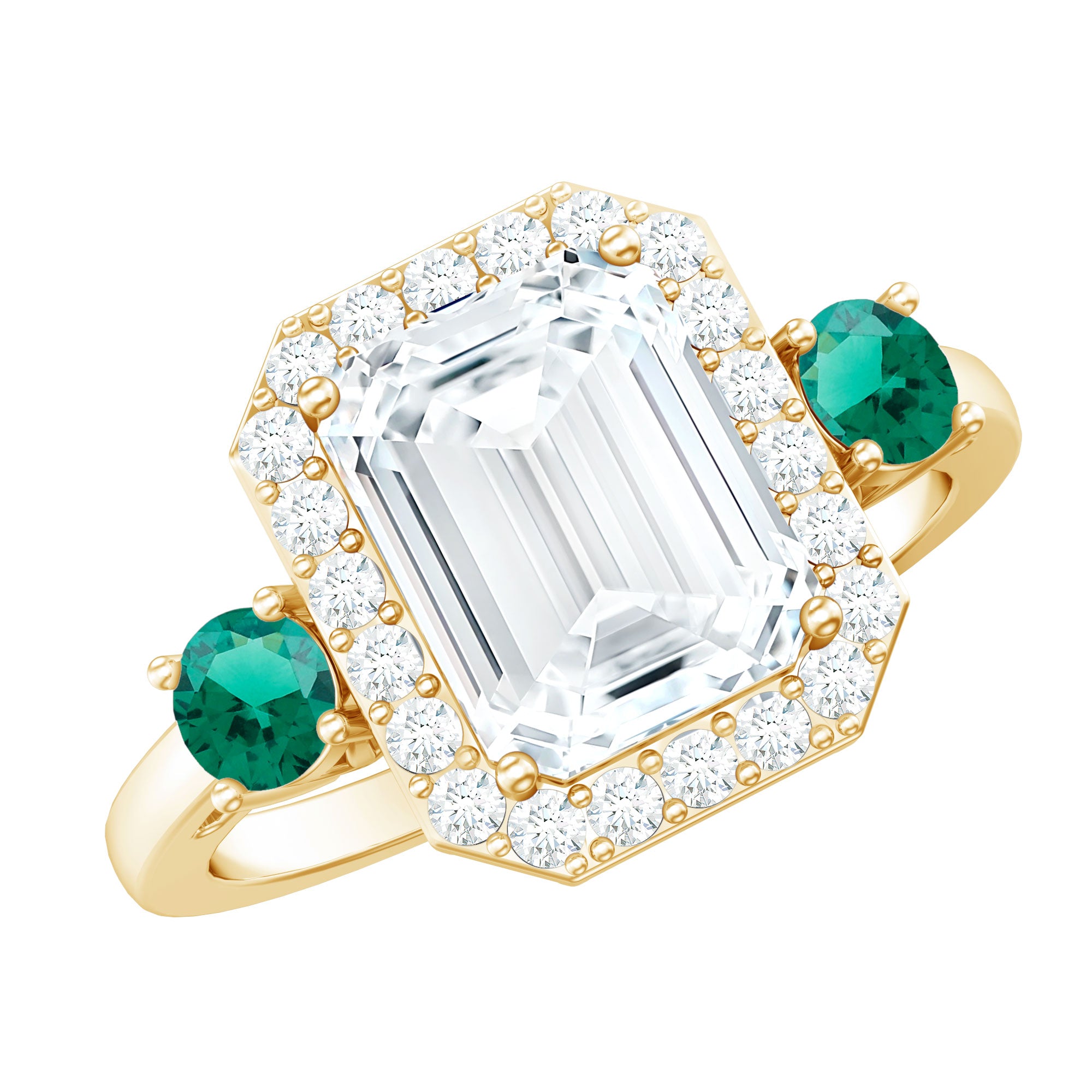 Certified 7X9 mm Moissanite Emerald Cut Engagement Ring with Emerald AAAA - Rosec Jewels