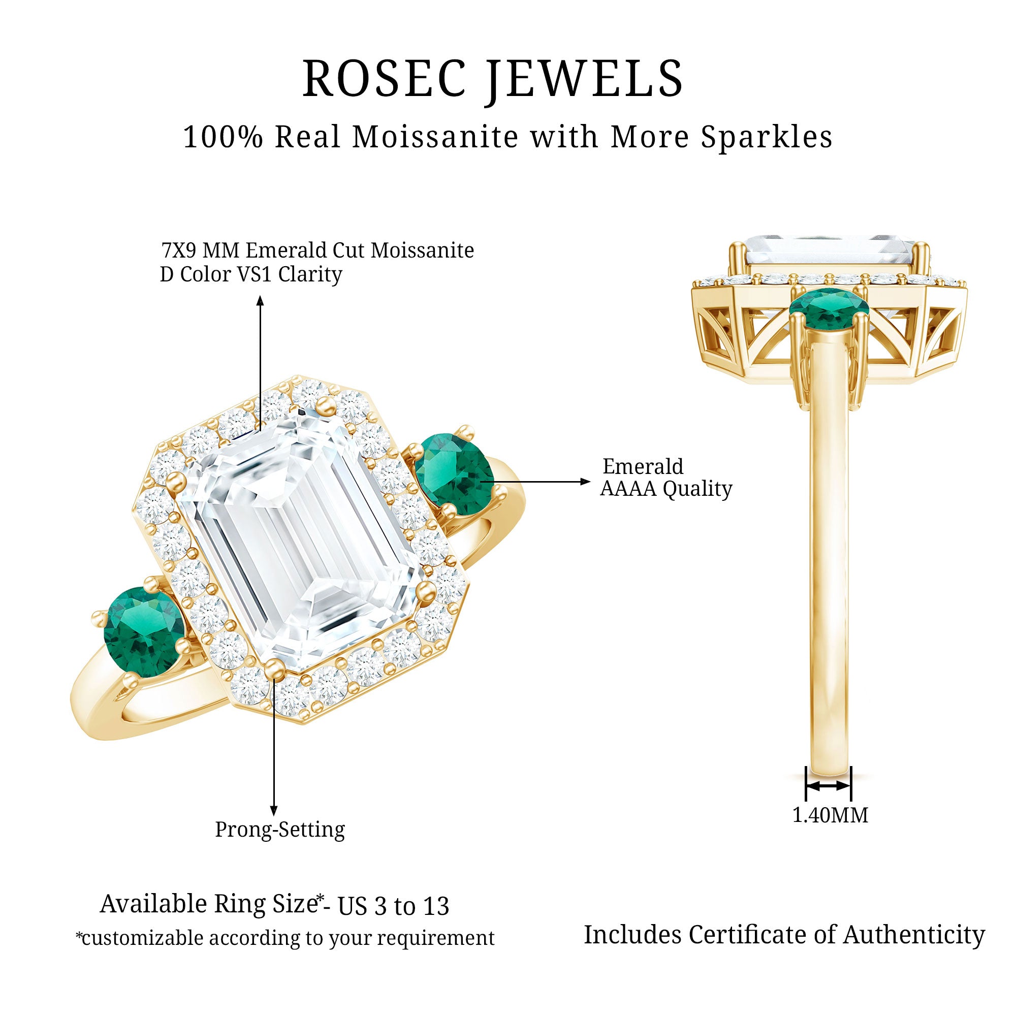 Certified 7X9 mm Moissanite Emerald Cut Engagement Ring with Emerald AAAA - Rosec Jewels