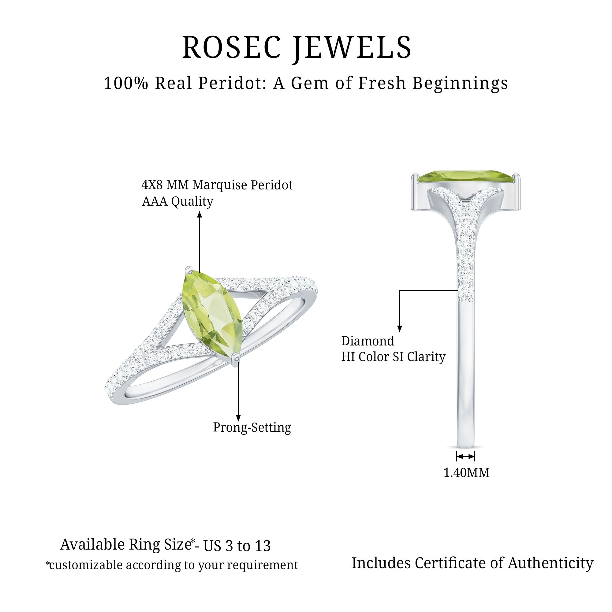Rosec Jewels-Natural 0.7 Carat Marquise Shape Peridot Promise Ring with Diamond Split Shank