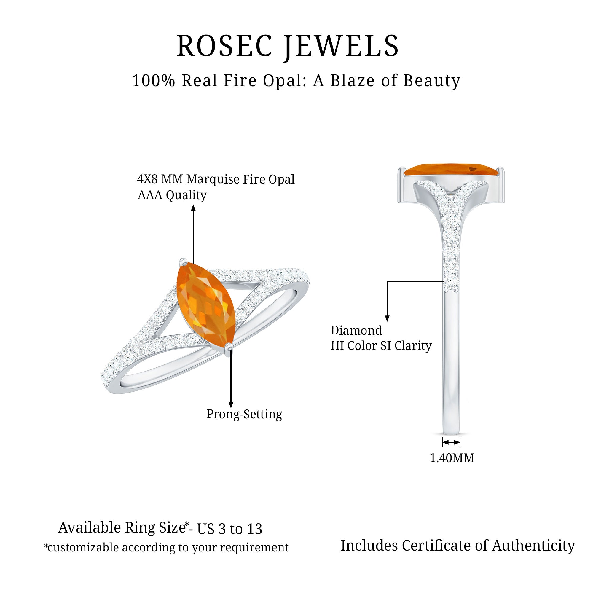 Marquise Fire Opal Split Shank Engagement Ring with Diamond AAA - Rosec Jewels