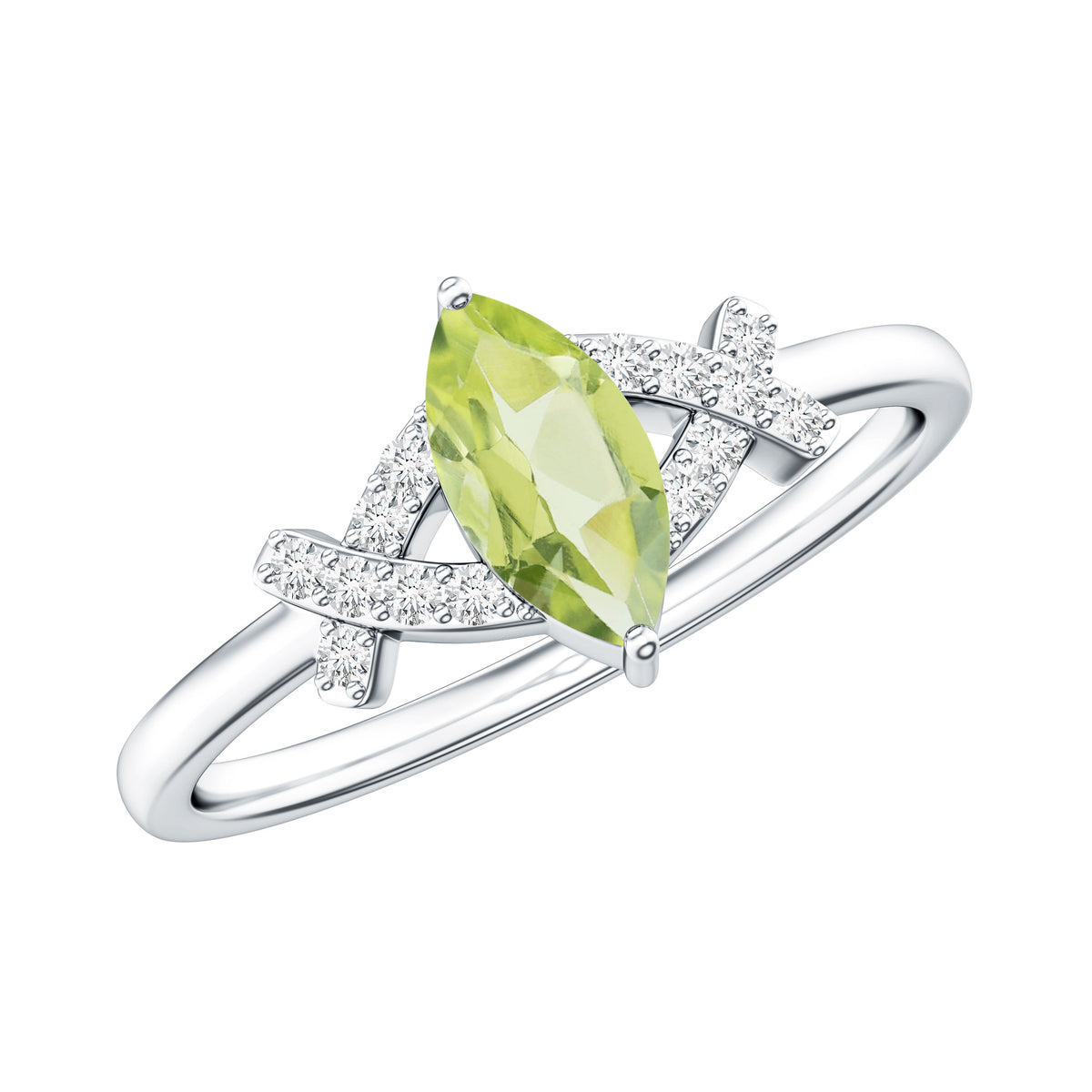 Certified Real 0.7 Carat Marquise Peridot Promise Ring with Diamond