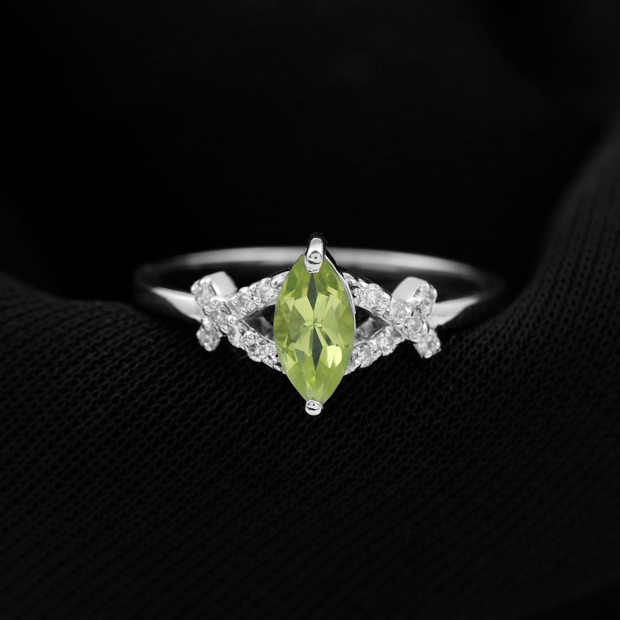 Certified Real 0.7 Carat Marquise Peridot Promise Ring with Diamond AAA - Rosec Jewels