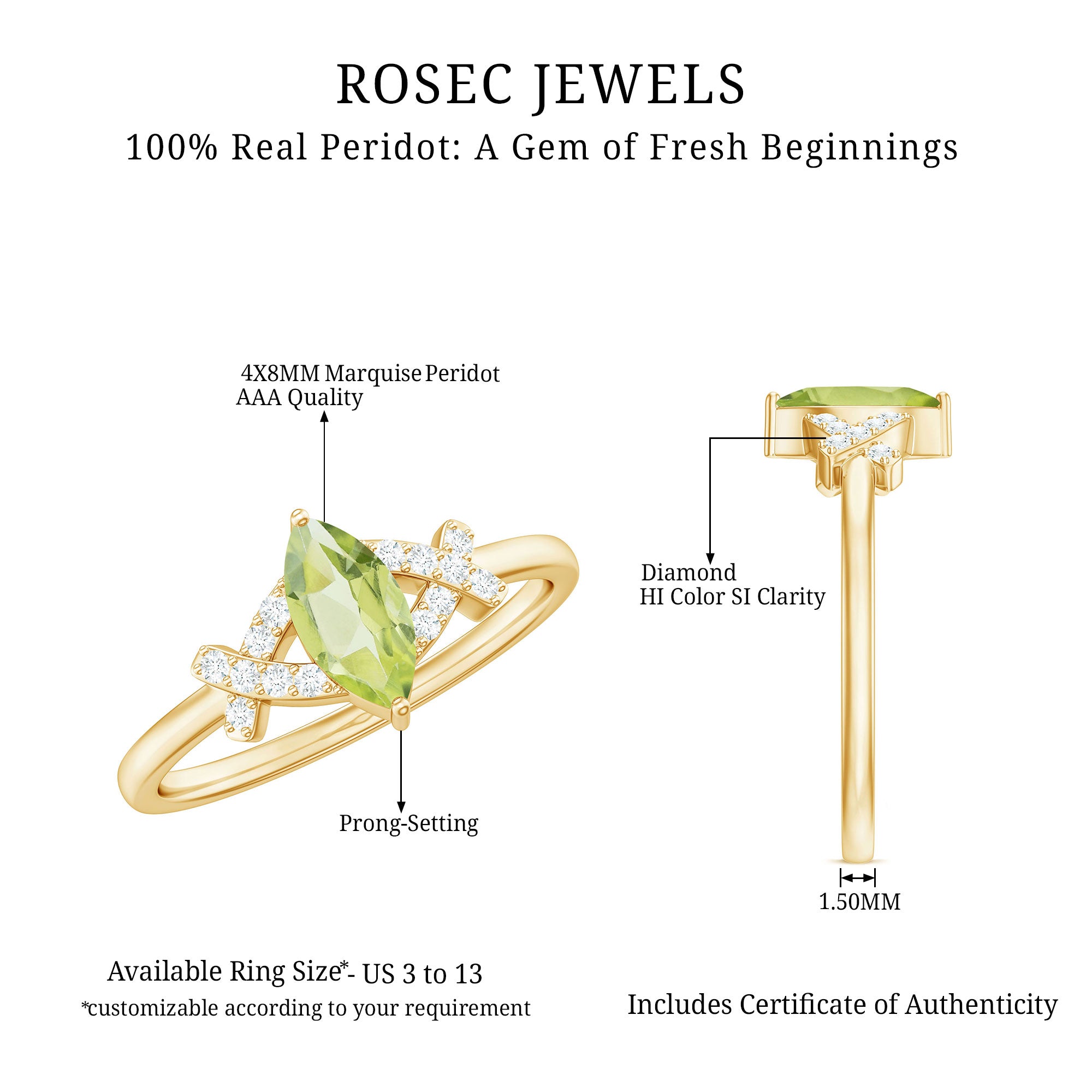 Certified Real 0.7 Carat Marquise Peridot Promise Ring with Diamond AAA - Rosec Jewels