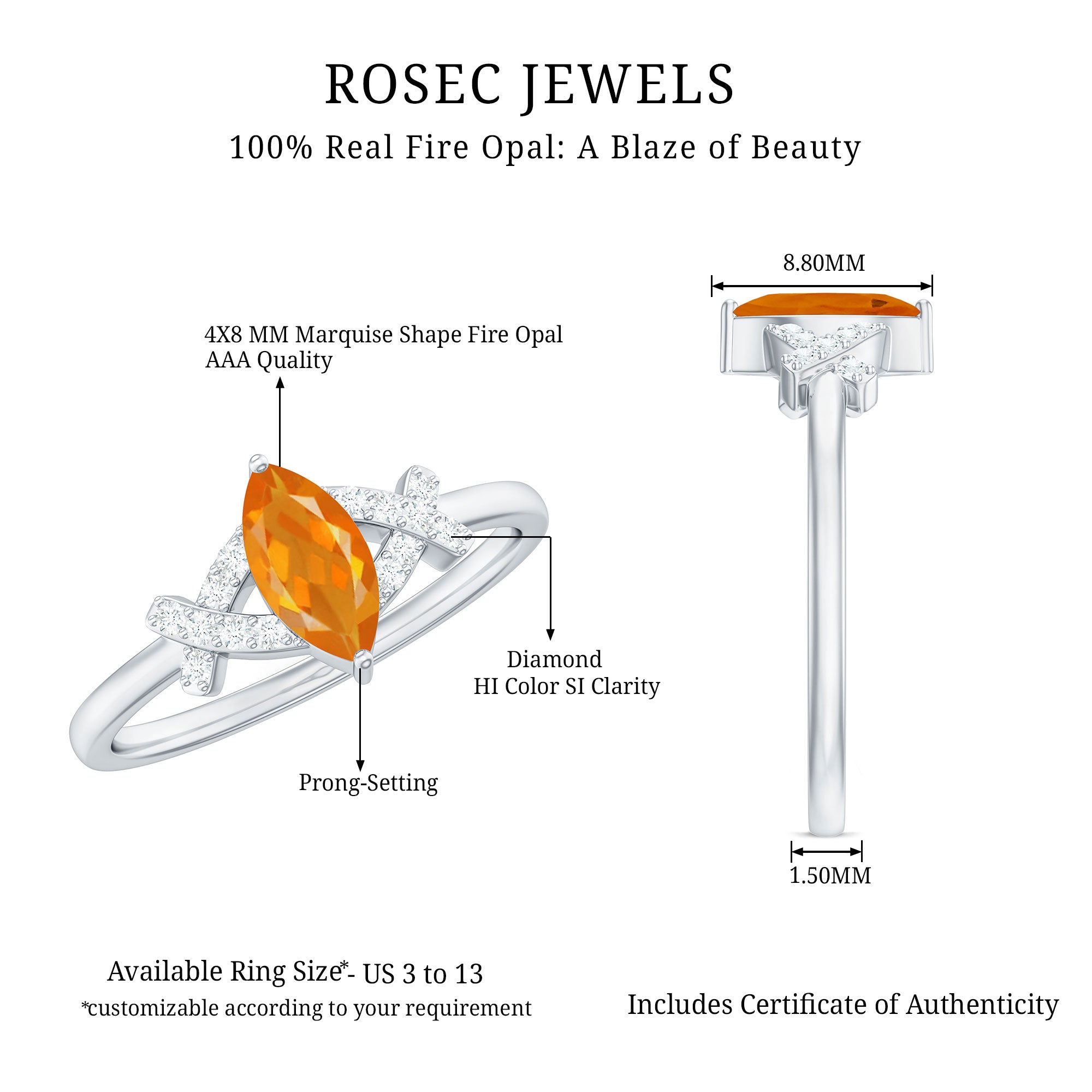 1/2 Carat Fire Opal Marquise Solitaire Ring with Diamond AAA - Rosec Jewels